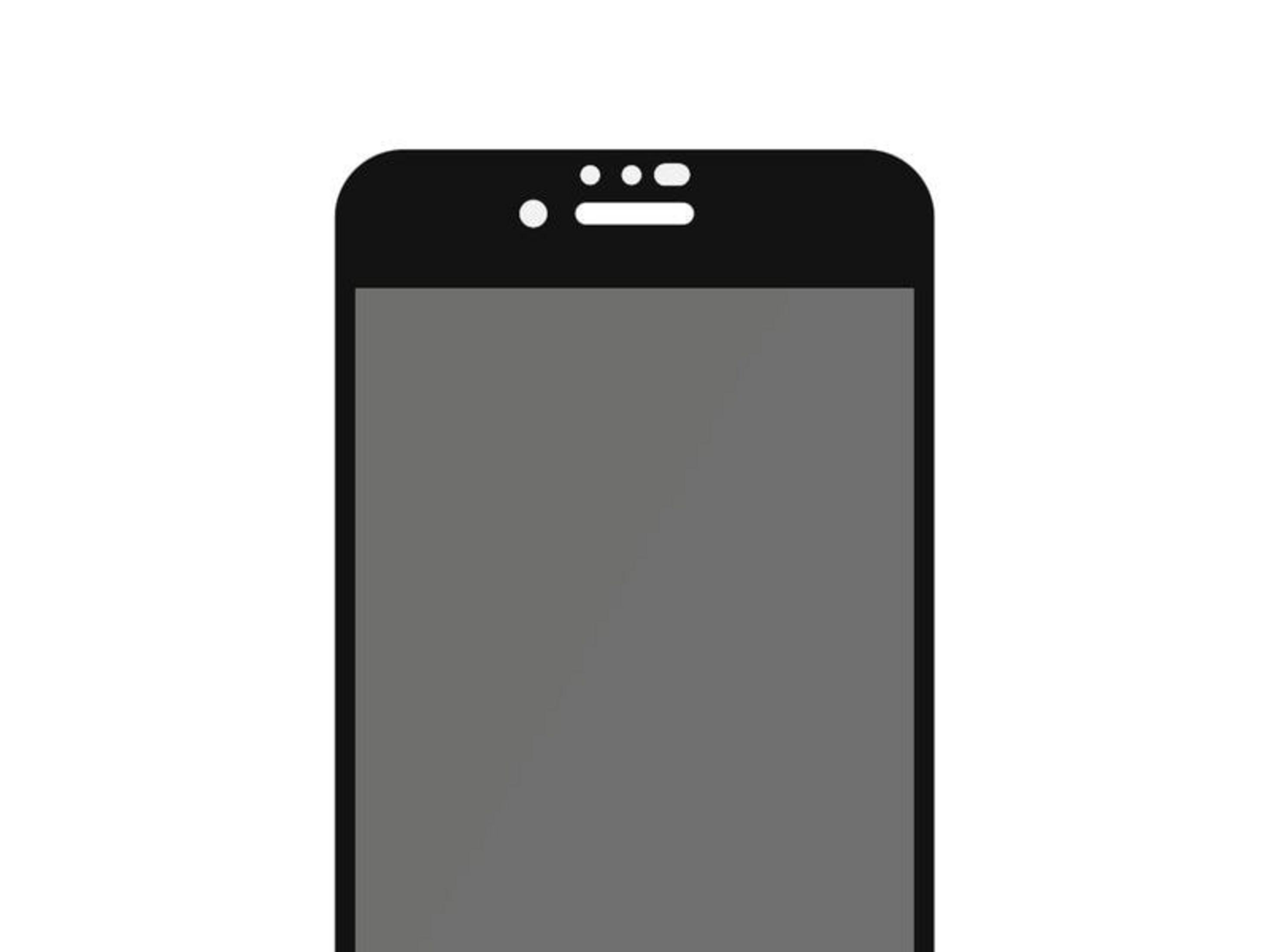 Czarny smartfon z szarym ekranem i dwoma białymi kropkami.