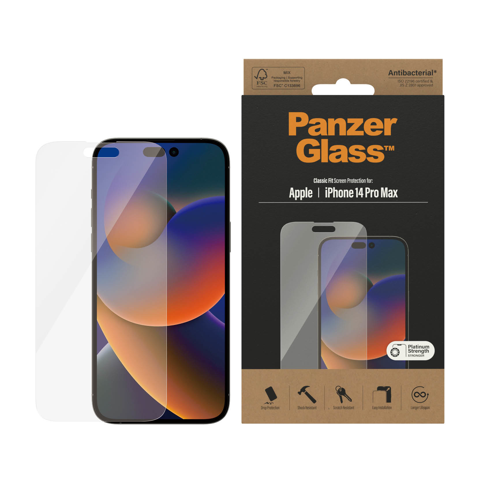 Folia ochronna PanzerGlass na ekran Apple iPhone 14 Pro Max, z ikonami.