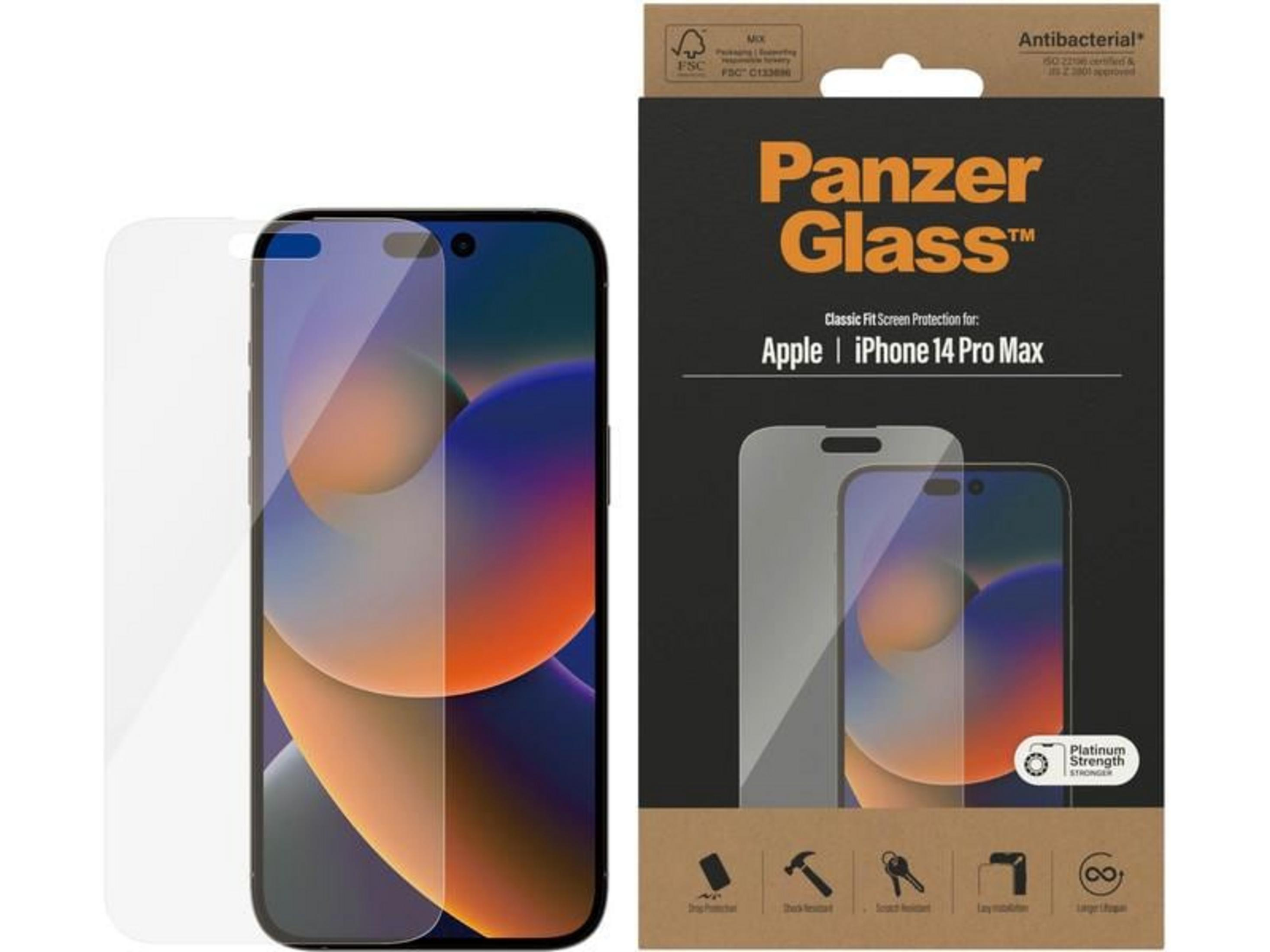 Szkło ochronne Panzer Glass do iPhone 14 Pro Max na opakowaniu z telefonem.