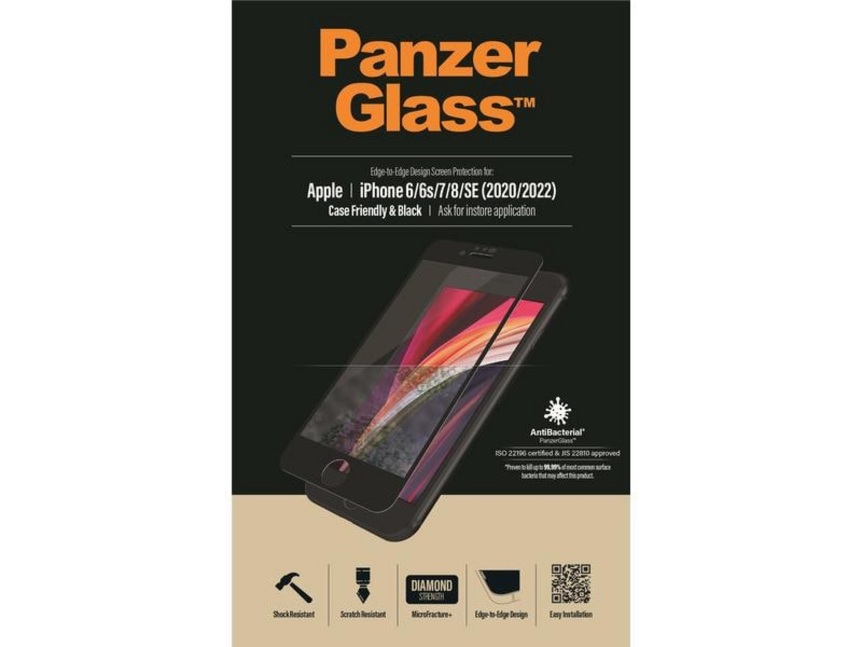 Panzer Glass screenprotector voor iPhone 6-8/SE. Schokbestendig, krasbestendig, antibacterieel.