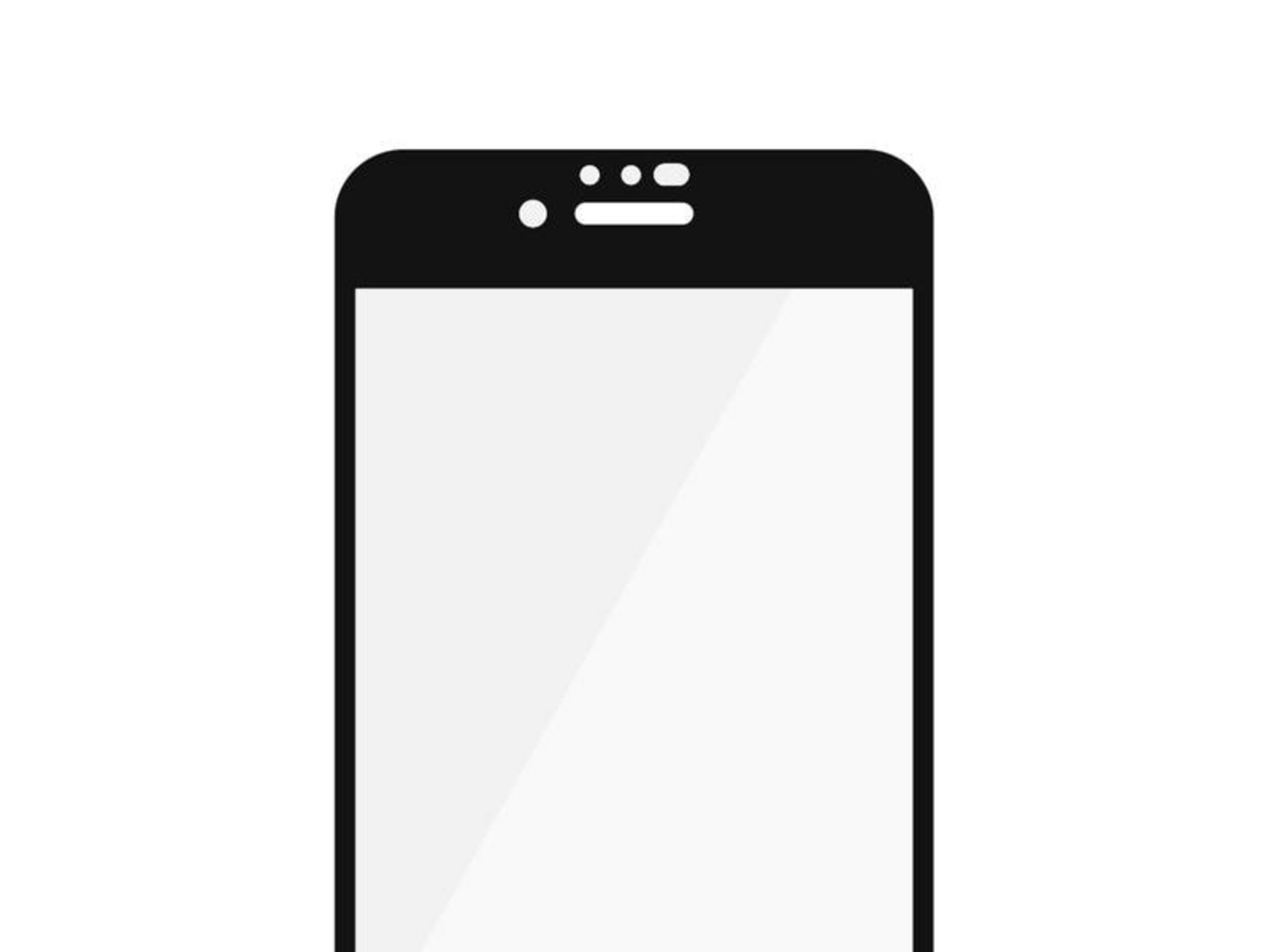 Een zwarte smartphone met een wit scherm en kleine witte puntjes boven.