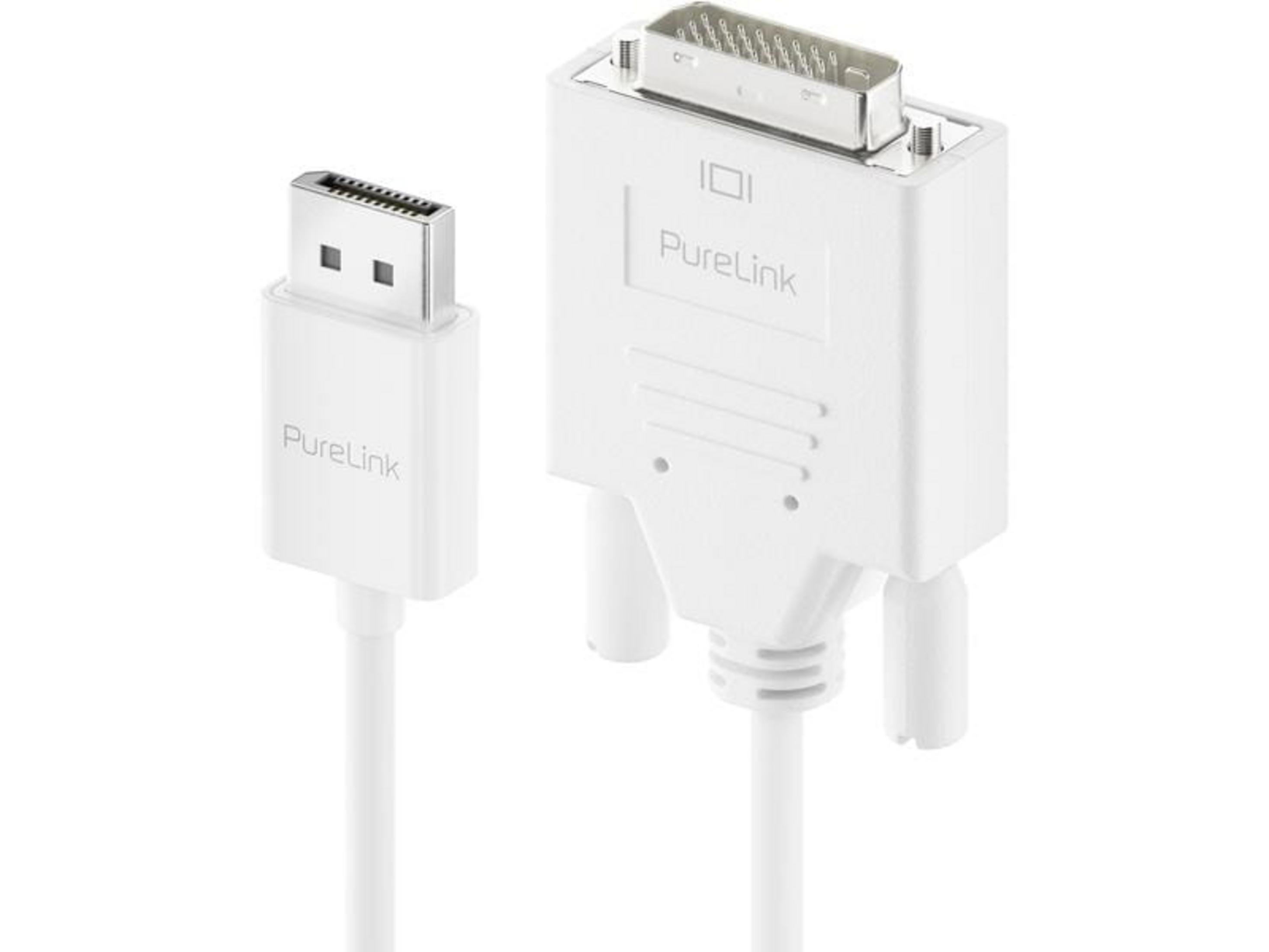 Deux adaptateurs de câble blancs : DisplayPort vers DVI et DVI vers VGA.