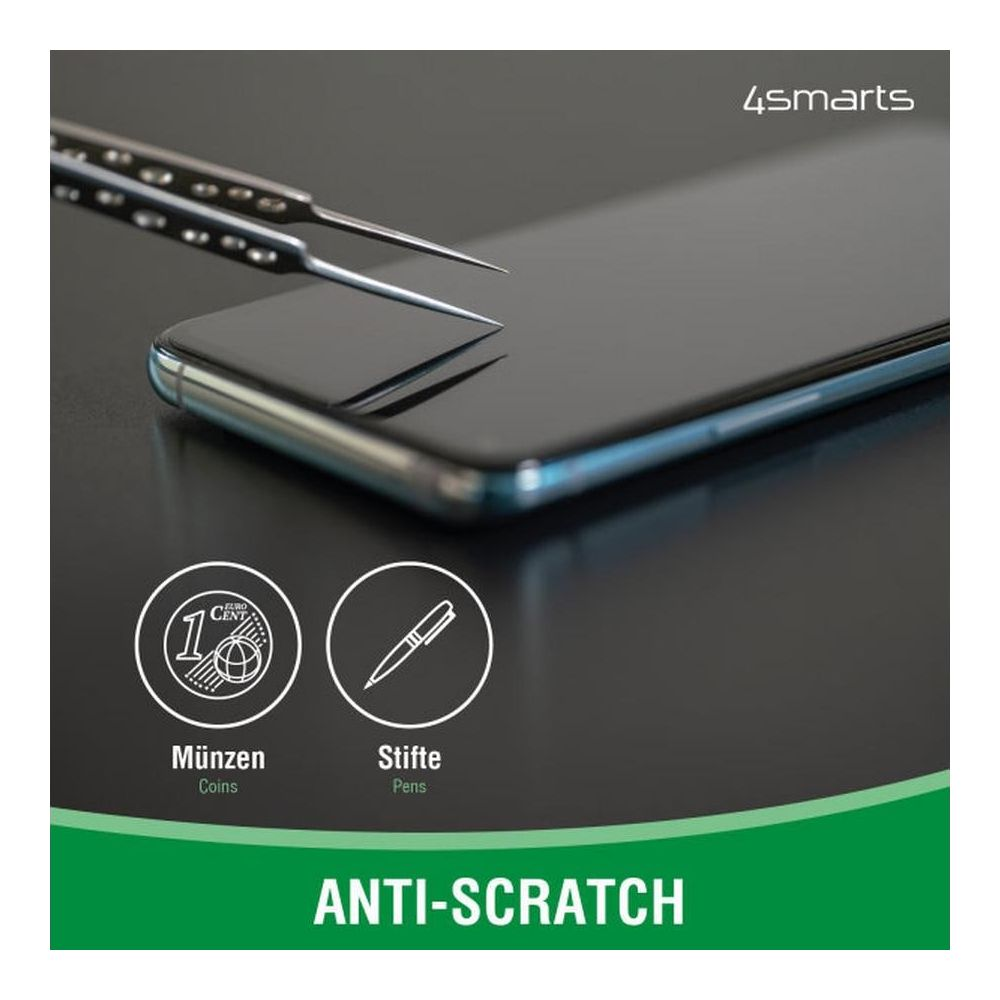 Schermo smartphone con pellicola antigraffio, testato con monete e penne.