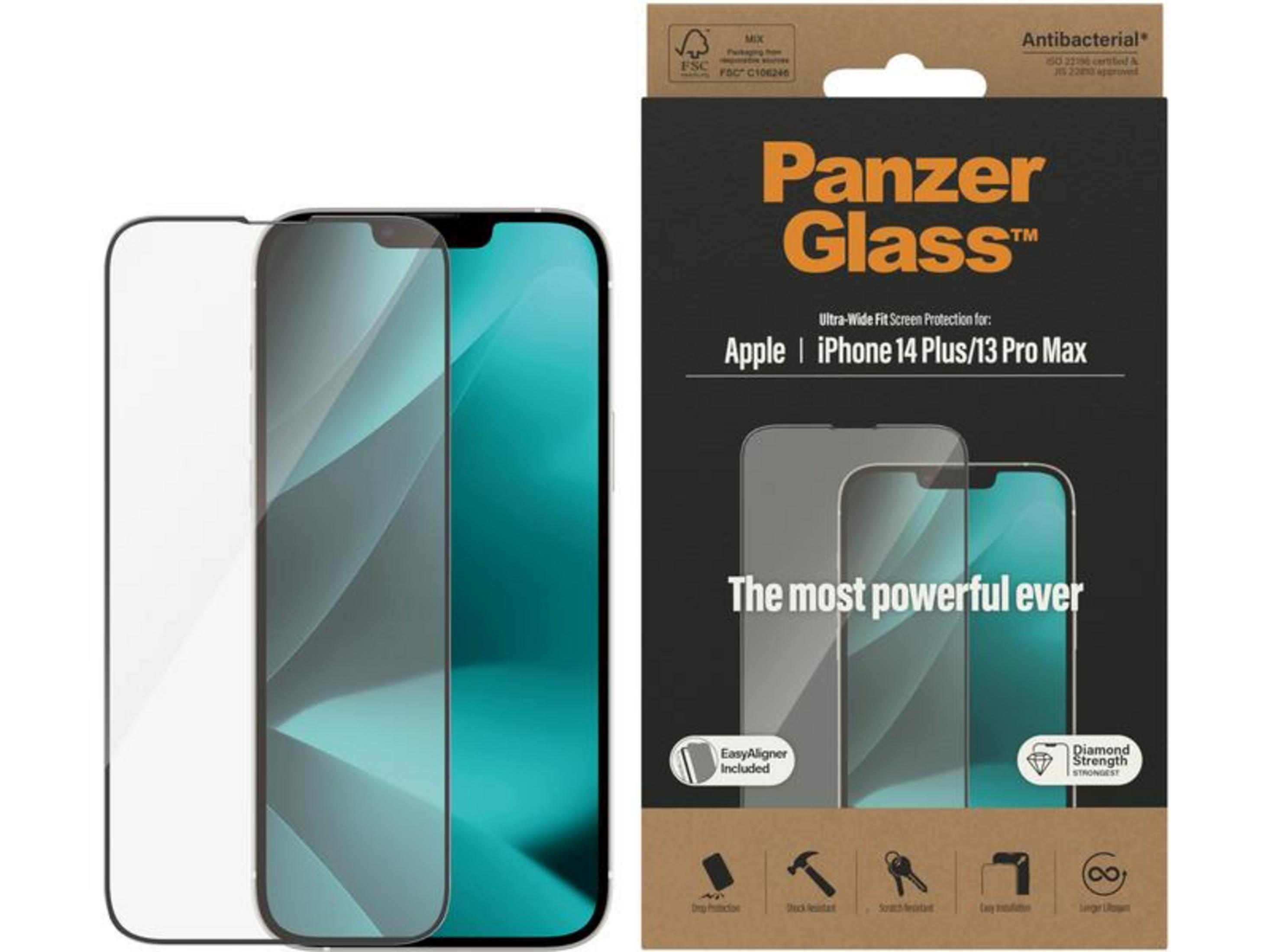 Protection d'écran Panzer Glass pour iPhone 14 Plus/13 Pro Max avec accessoires.