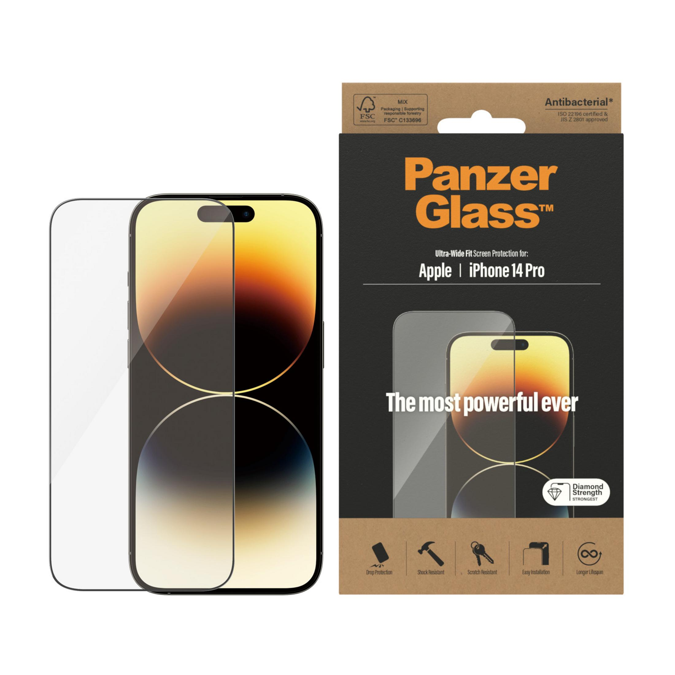 Protezione schermo Panzer Glass per Apple iPhone 14 Pro con confezione.