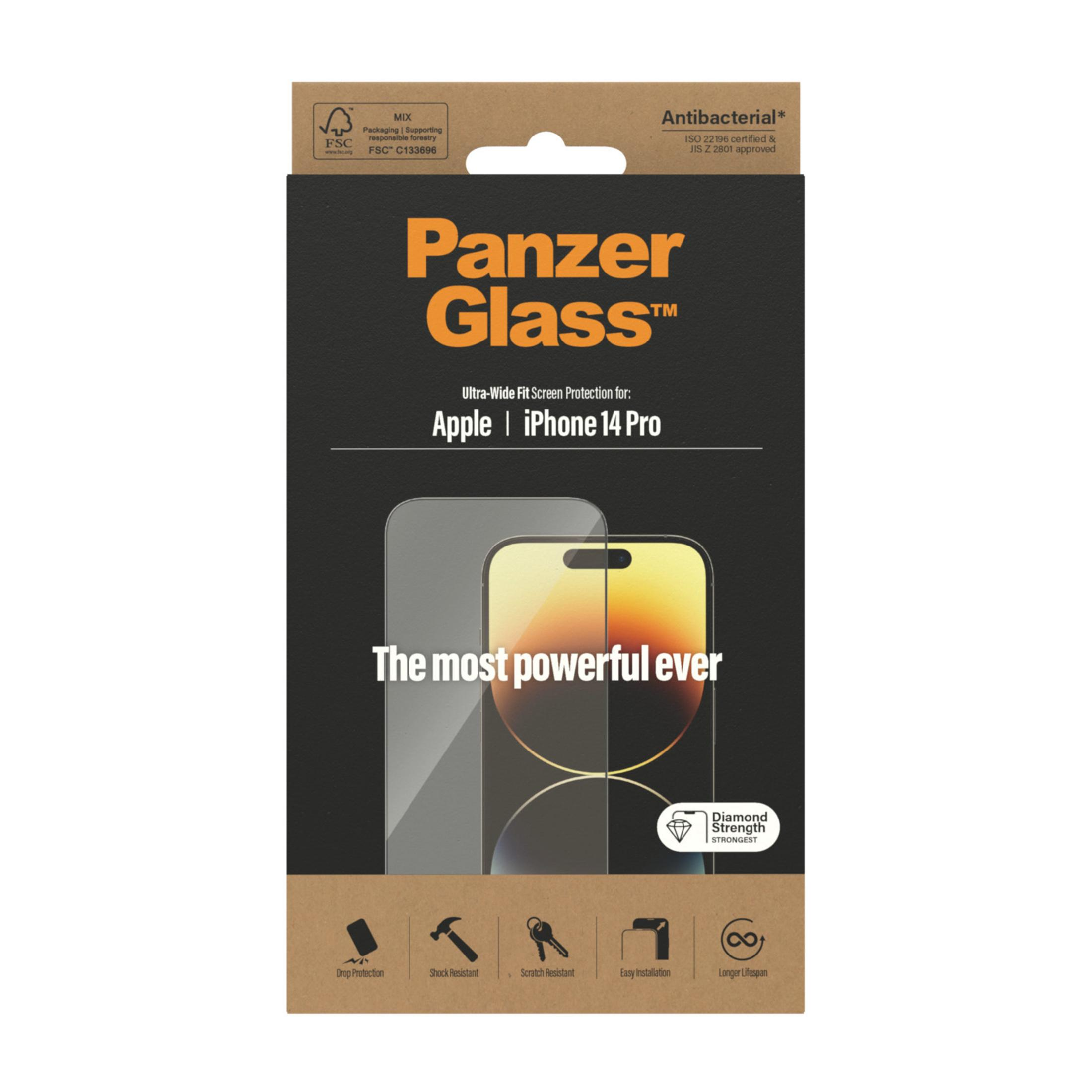 Protezione schermo Panzer Glass per iPhone 14 Pro con caratteristiche antibatteriche.