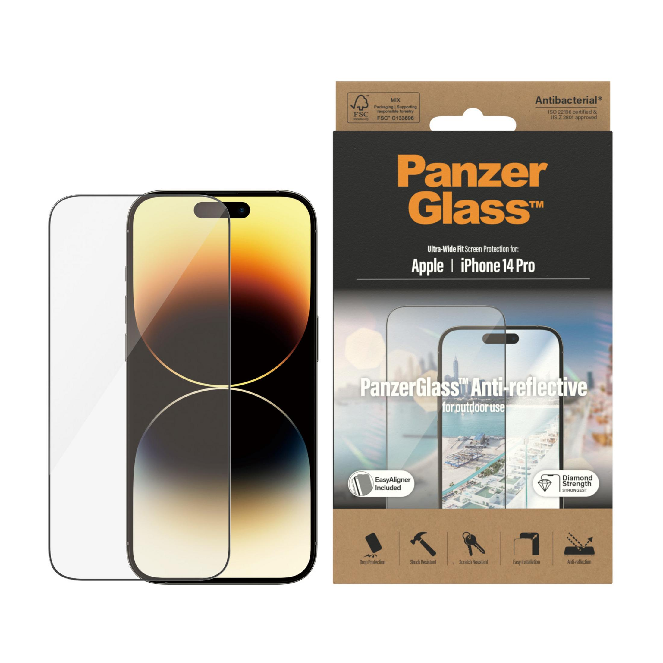 Verpackung für PanzerGlass iPhone 14 Pro Displayschutzfolie mit Handy.