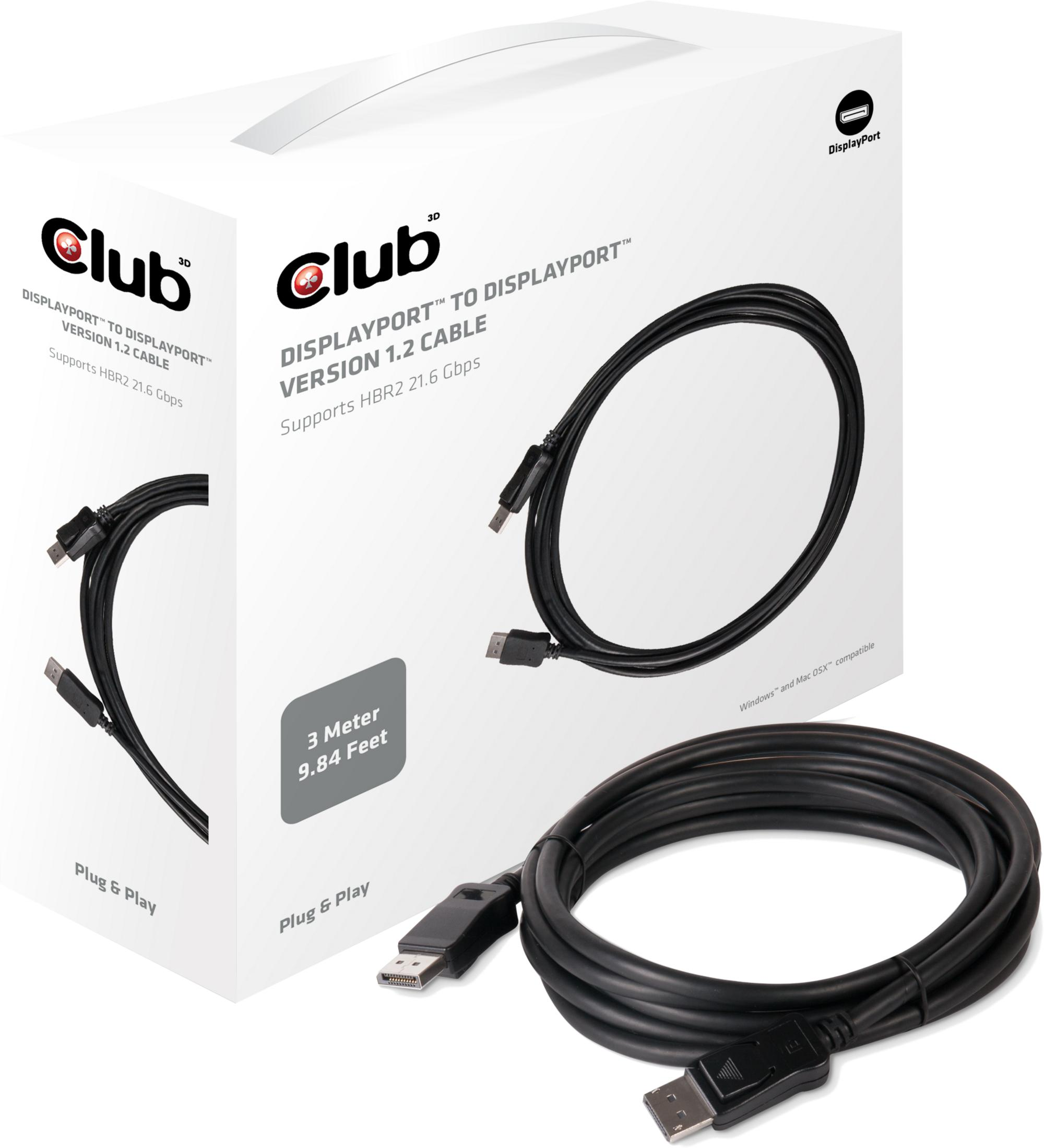 Een zwarte DisplayPort-kabel met twee connectoren ligt naast een witte doos.