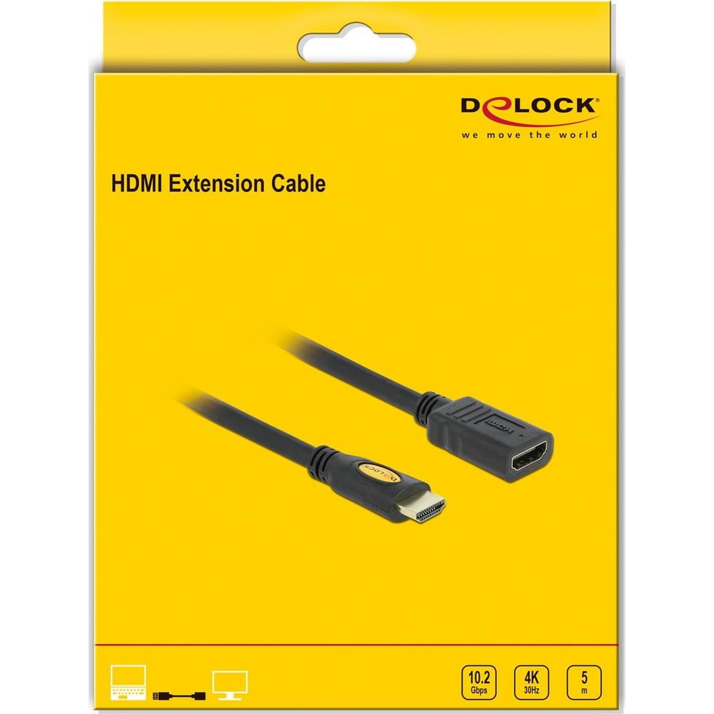Packaging for a black HDMI extension cable with connectors.