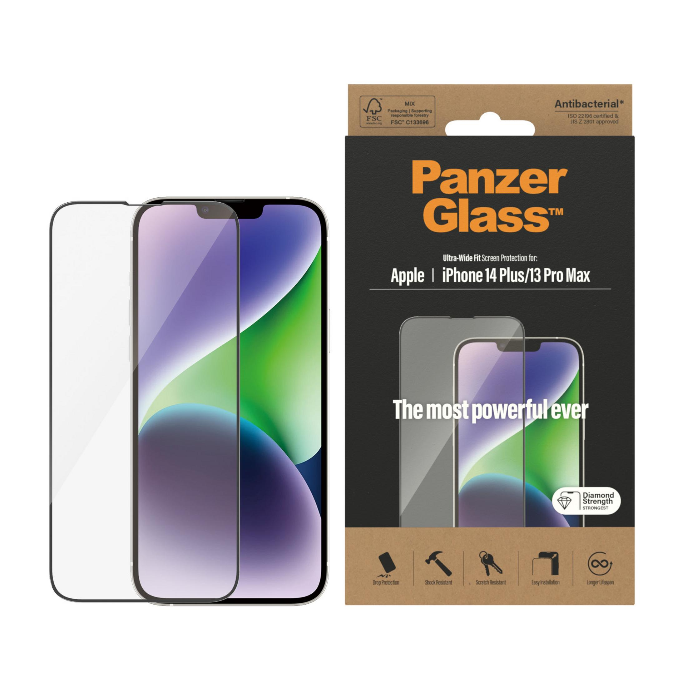 Panzer Glass Schutzfolie für Apple iPhone 14 Plus/13 Pro Max, mit Antibakterieller Beschichtung.