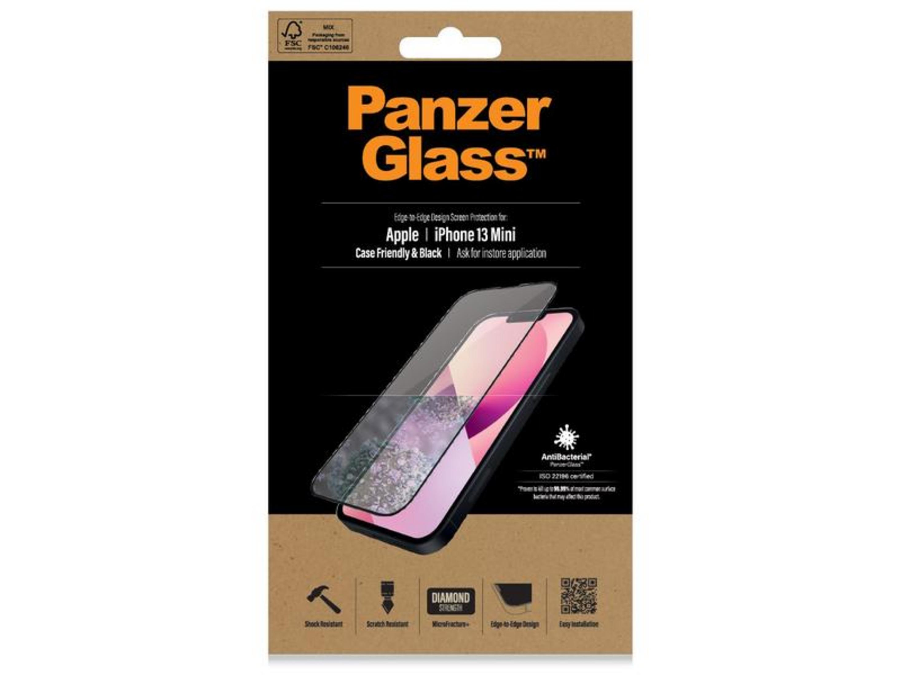 Panzer Glass screenprotector verpakking voor iPhone 13 Mini met iconen.