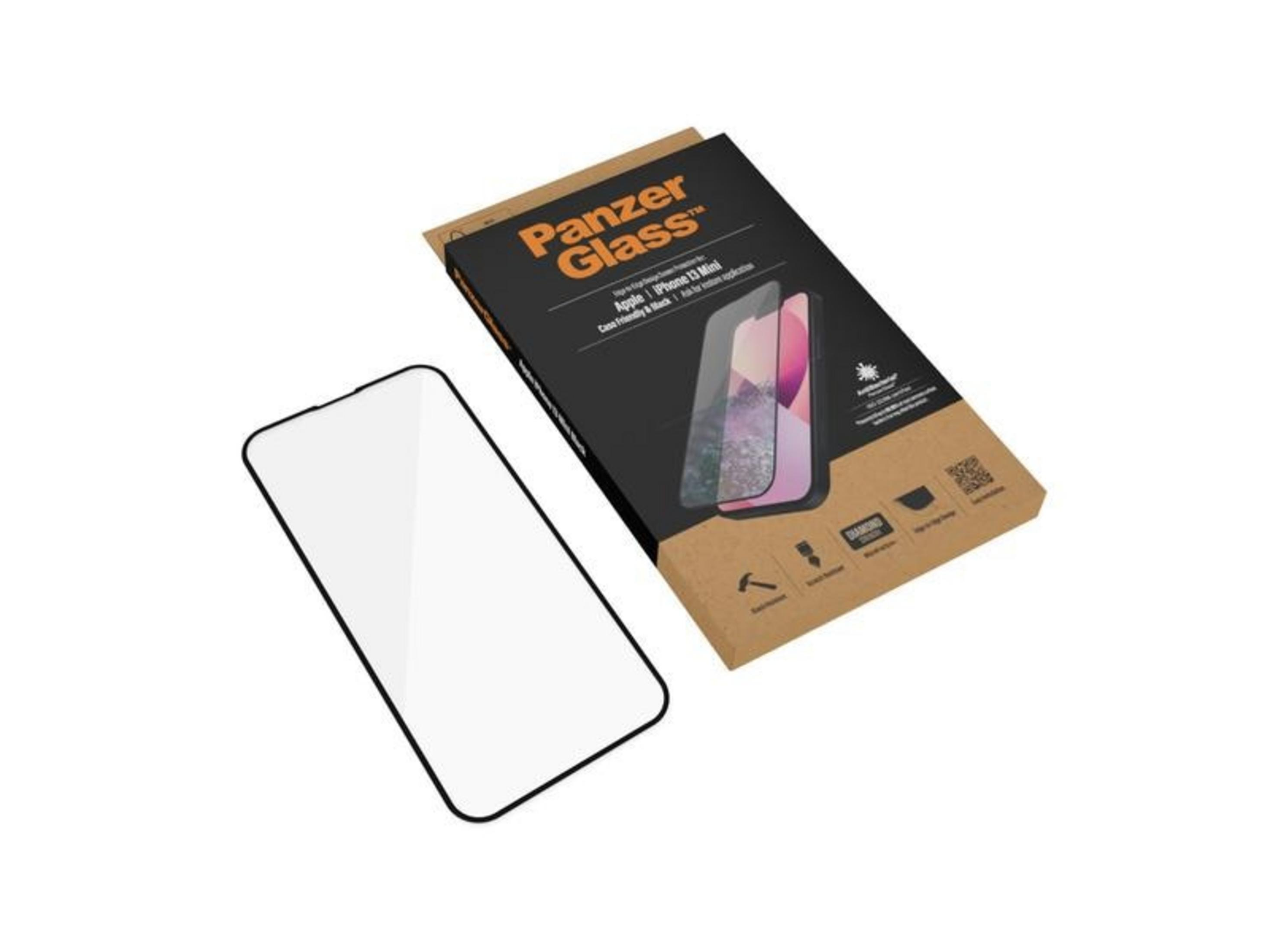 PanzerGlass verpakking voor iPhone 13 Mini naast een lege schermprotector.