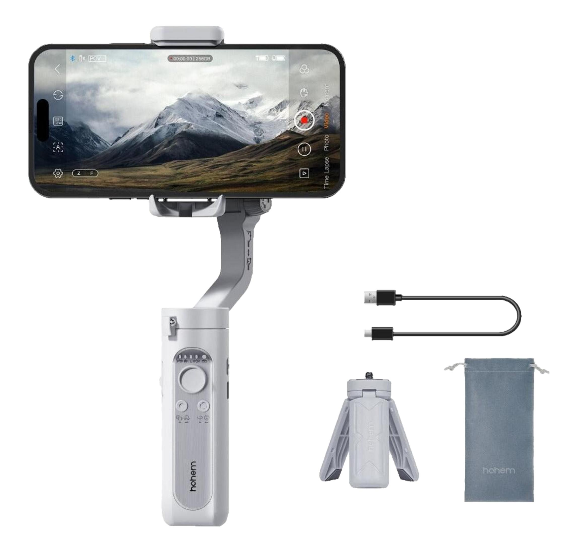 Un stabilisateur blanc pour smartphone avec accessoires : mini trépied, câble, pochette.