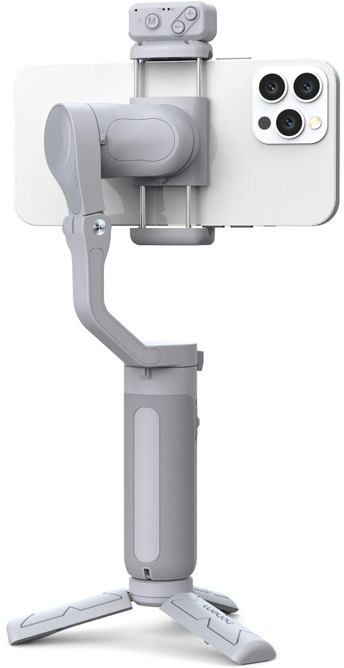 Un cardan gris tenant un smartphone, avec une base de trépied.