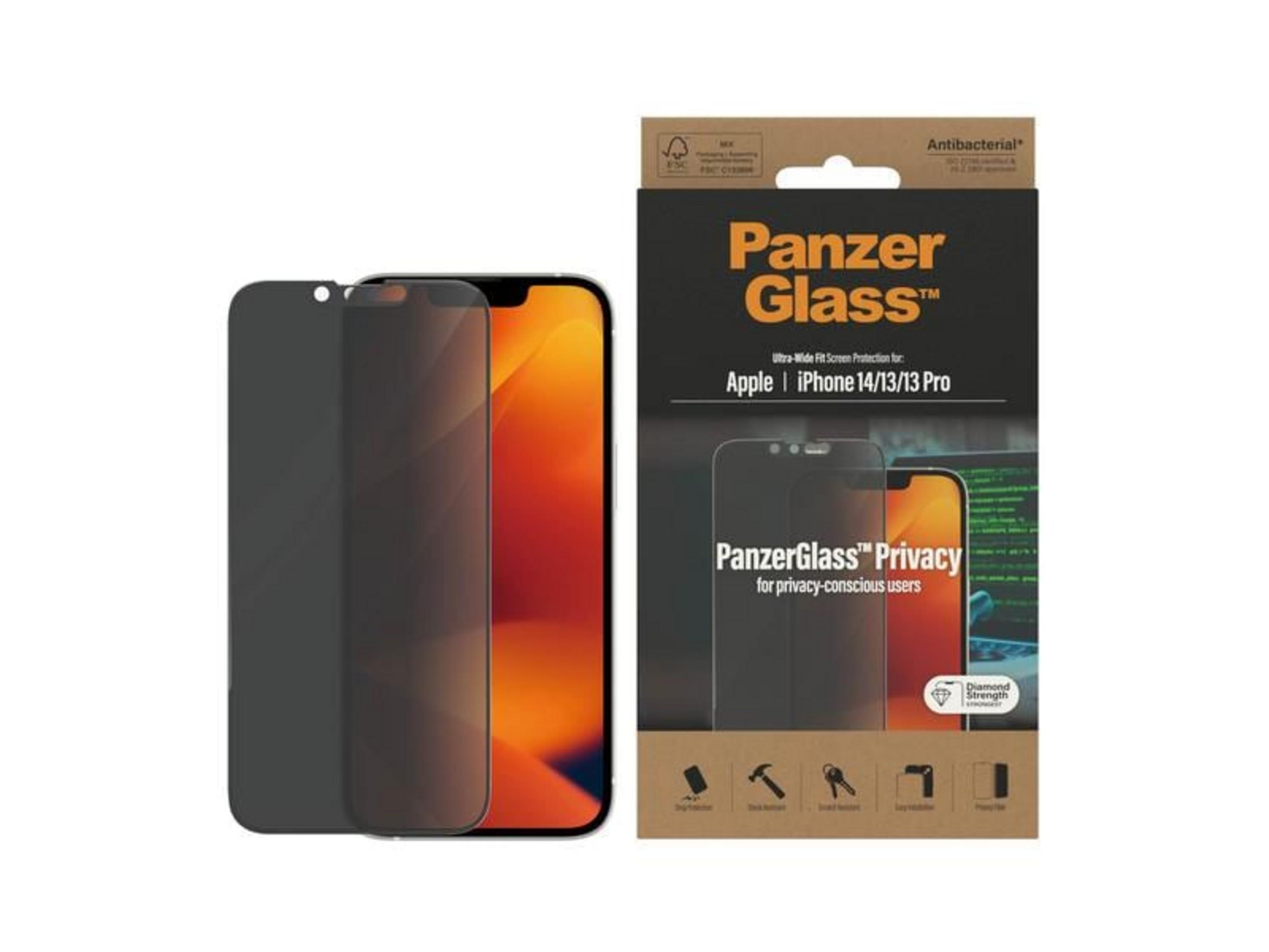 PanzerGlass Privacy screenprotector voor iPhone 14/13/13 Pro met antibacteriële bescherming.