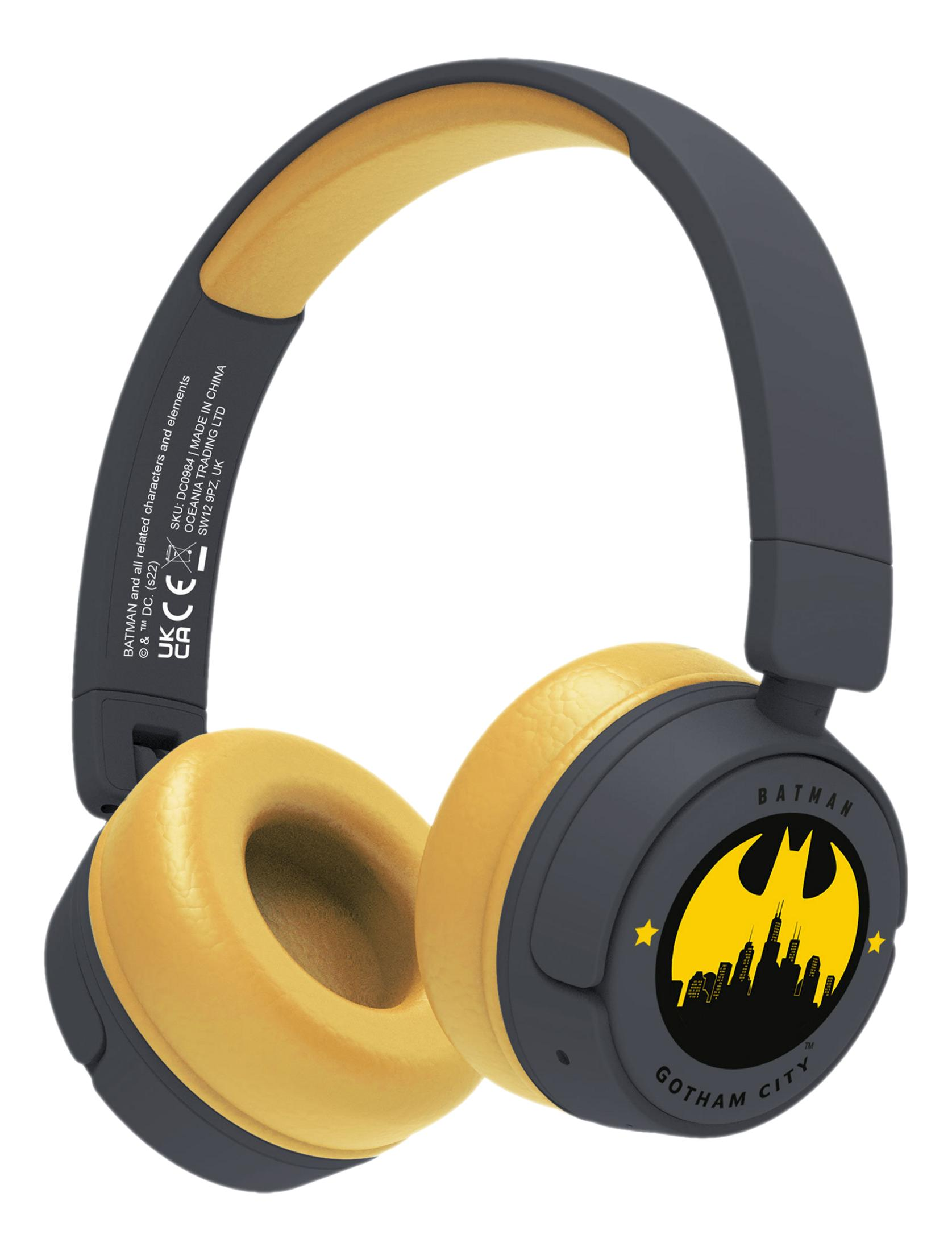 Graue und gelbe Batman-Kopfhörer mit Gotham City-Logo.