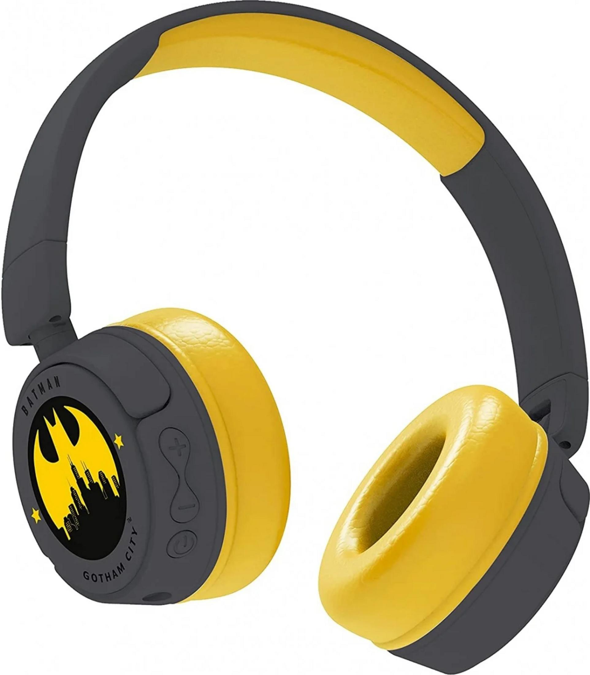 Graue und gelbe Kopfhörer mit Batman-Logo und Skyline von Gotham City.