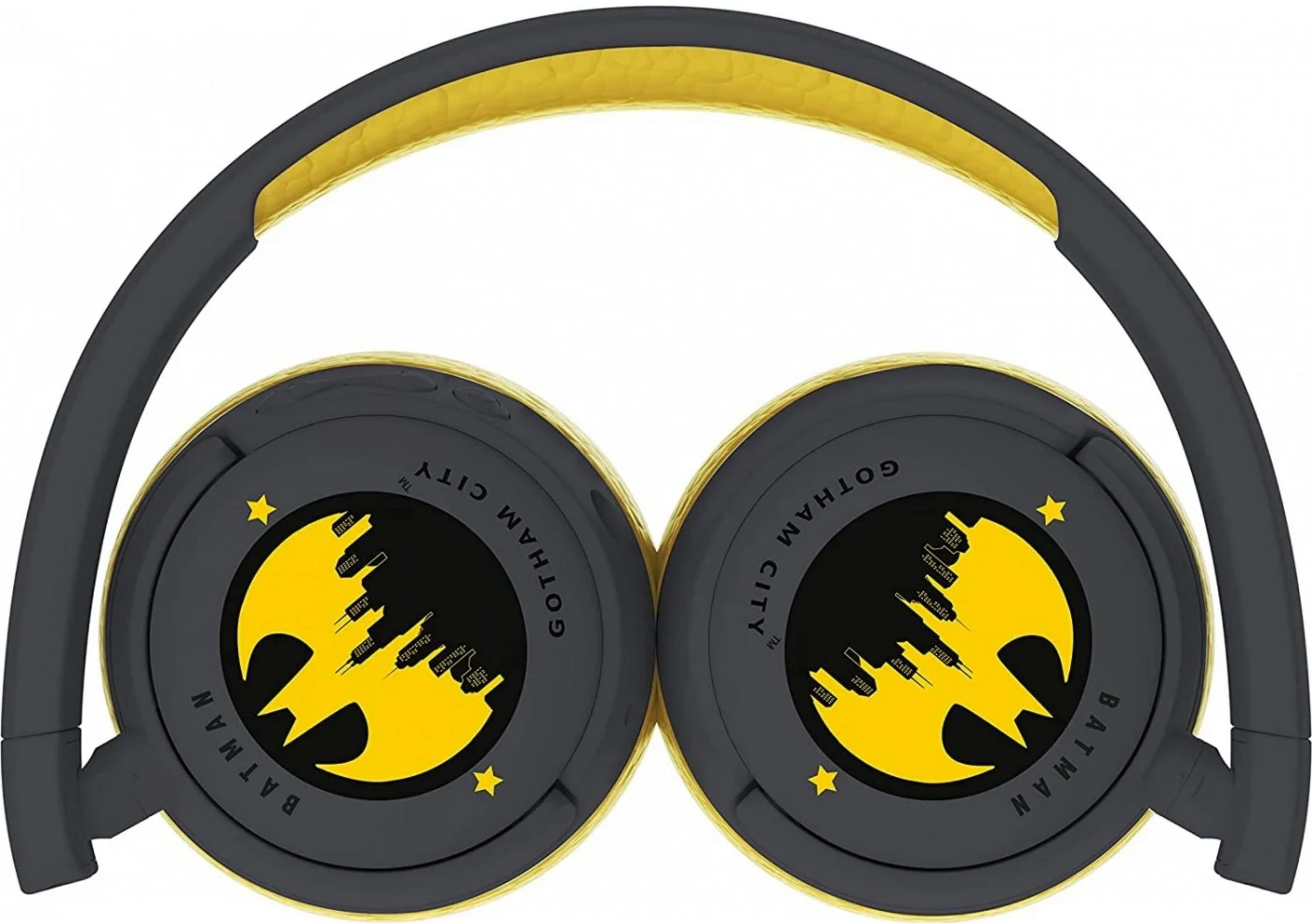 Graue und gelbe Kopfhörer mit Batman-Logo und Gotham City-Skyline.
