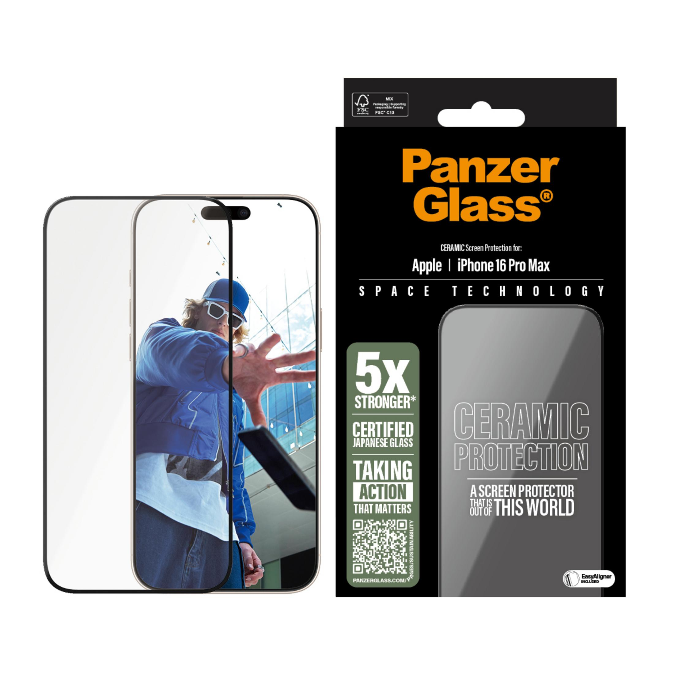 iPhone 16 Pro Max için Panzer Glass ambalajı, mavi ceketli bir adam.