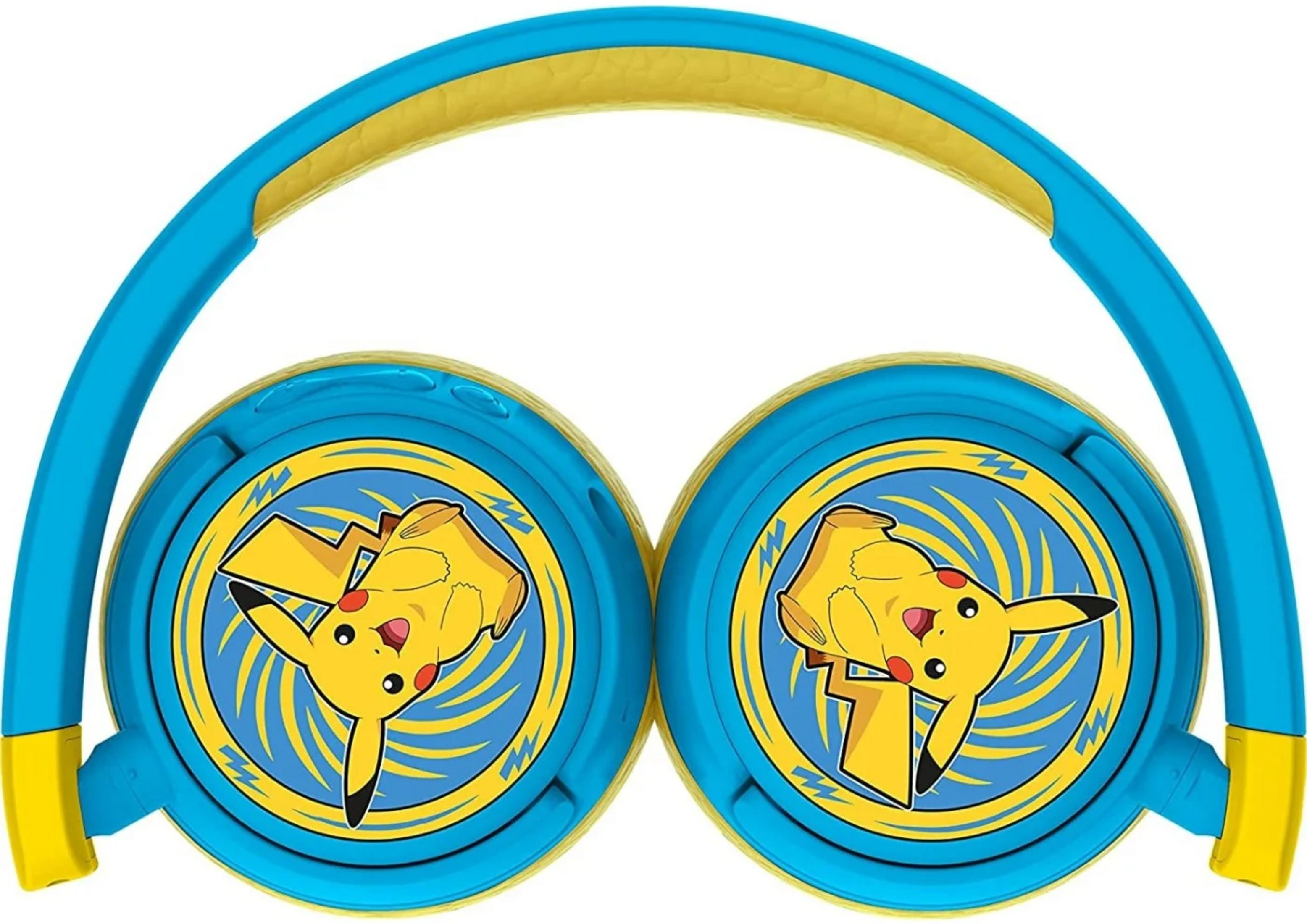 Blaue und gelbe Kopfhörer mit Pikachu-Motiv auf den Ohrmuscheln.