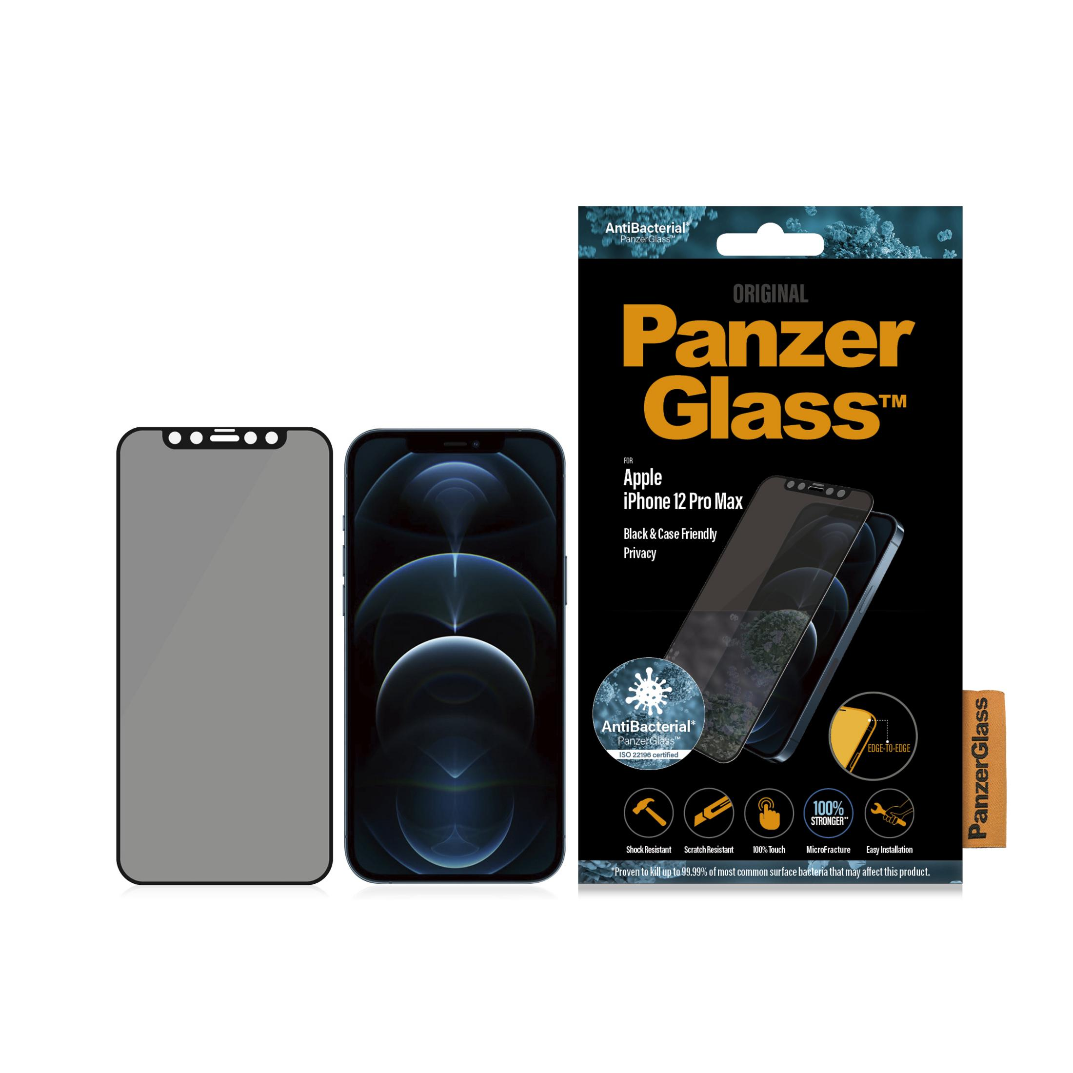 PanzerGlass screenprotector voor Apple iPhone 12 Pro Max met antibacteriële bescherming.