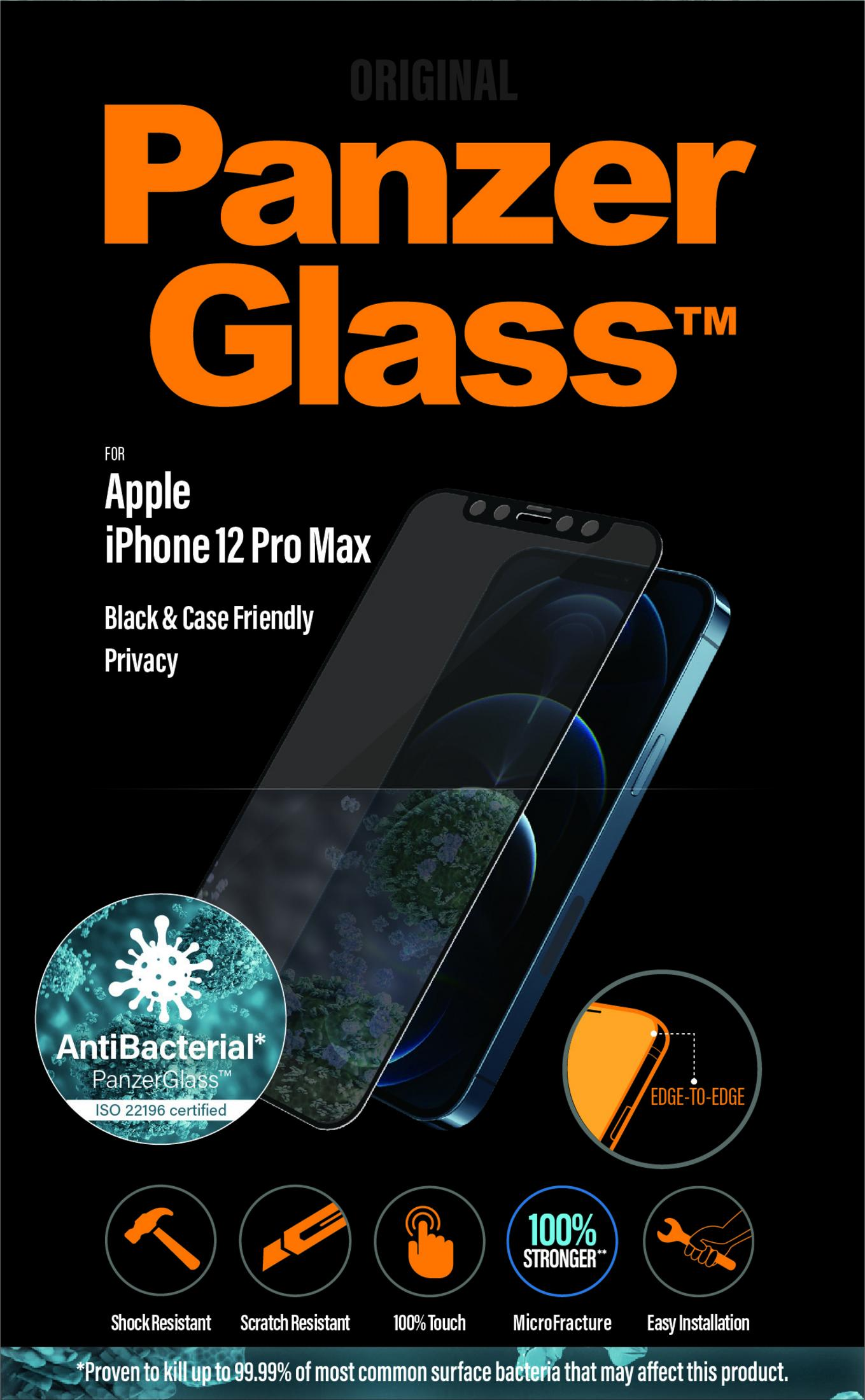 PanzerGlass screenprotector voor iPhone 12 Pro Max. Antibacterieel, schokbestendig.