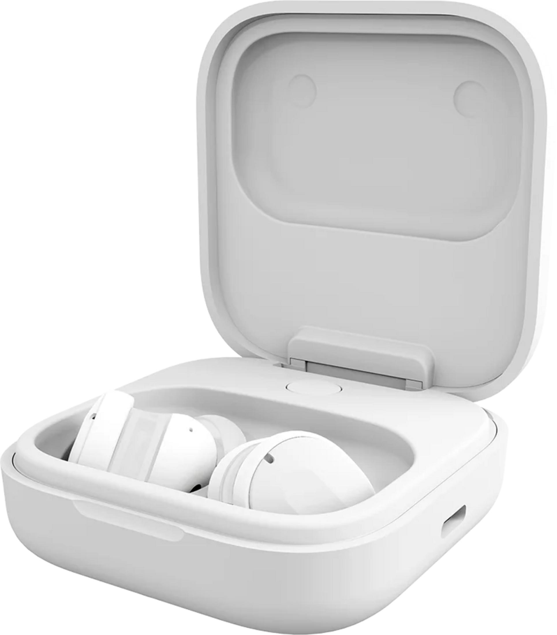 Auricolari wireless bianchi in una custodia di ricarica aperta.