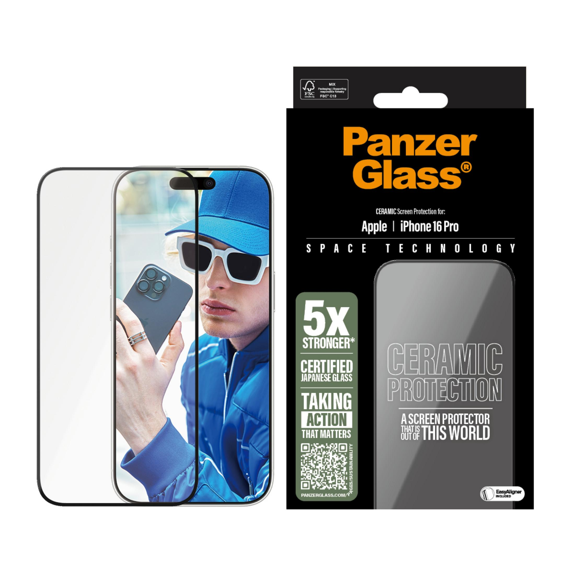 Panzer Glass iPhone 16 Pro ekran koruyucu, mavi ceketli ve güneş gözlüklü adam.
