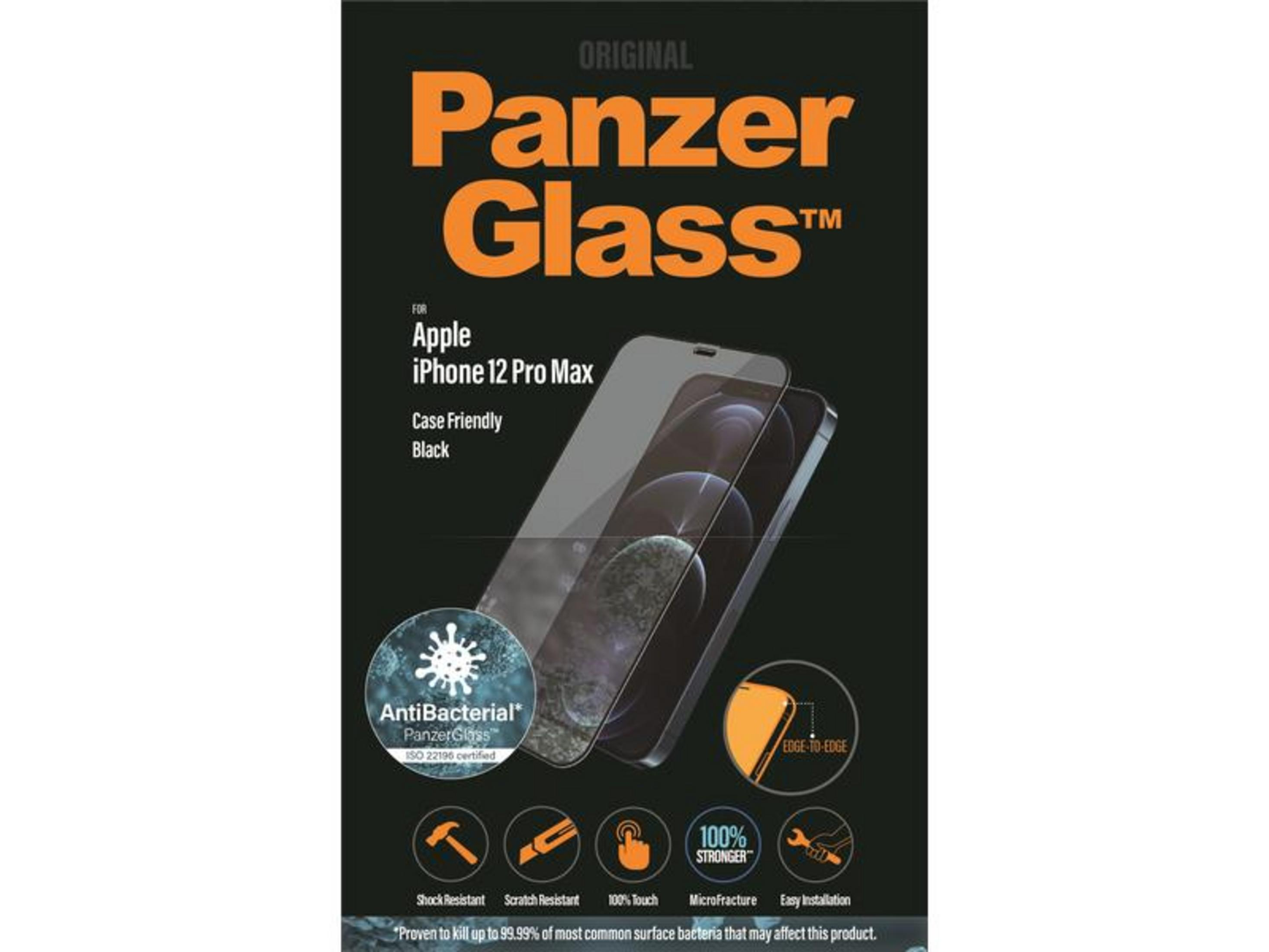 Confezione protettore schermo PanzerGlass per iPhone 12 Pro Max, antibatterico.
