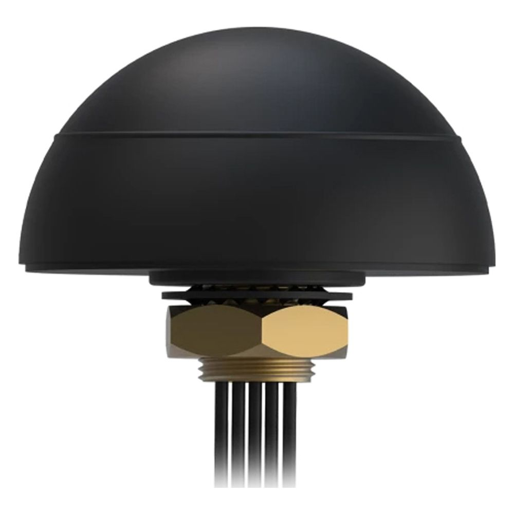 Czarna kopułkowa antena z złotą nakrętką i przewodami.