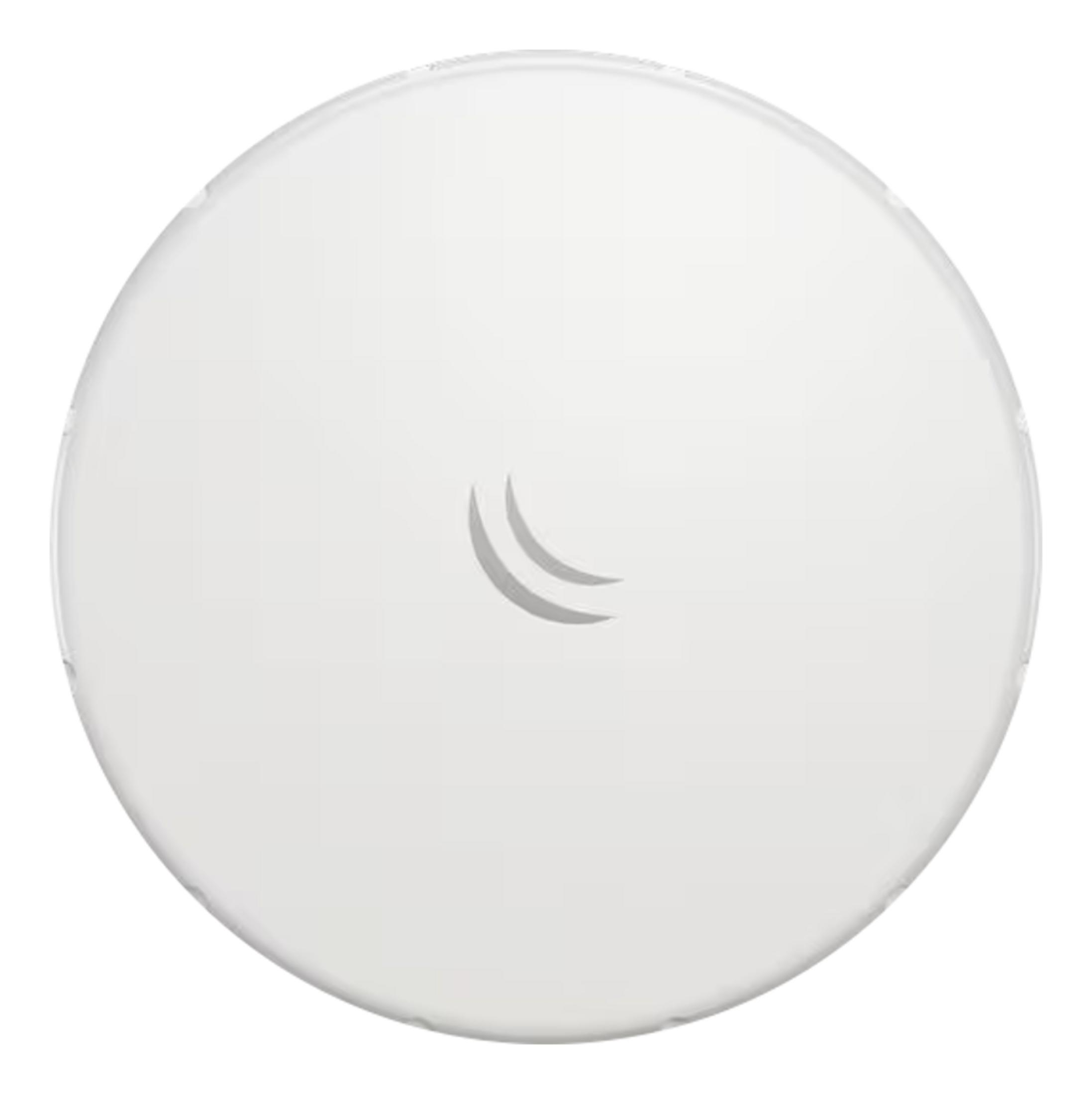 Un dispositivo bianco e rotondo con due archi grigi al centro.