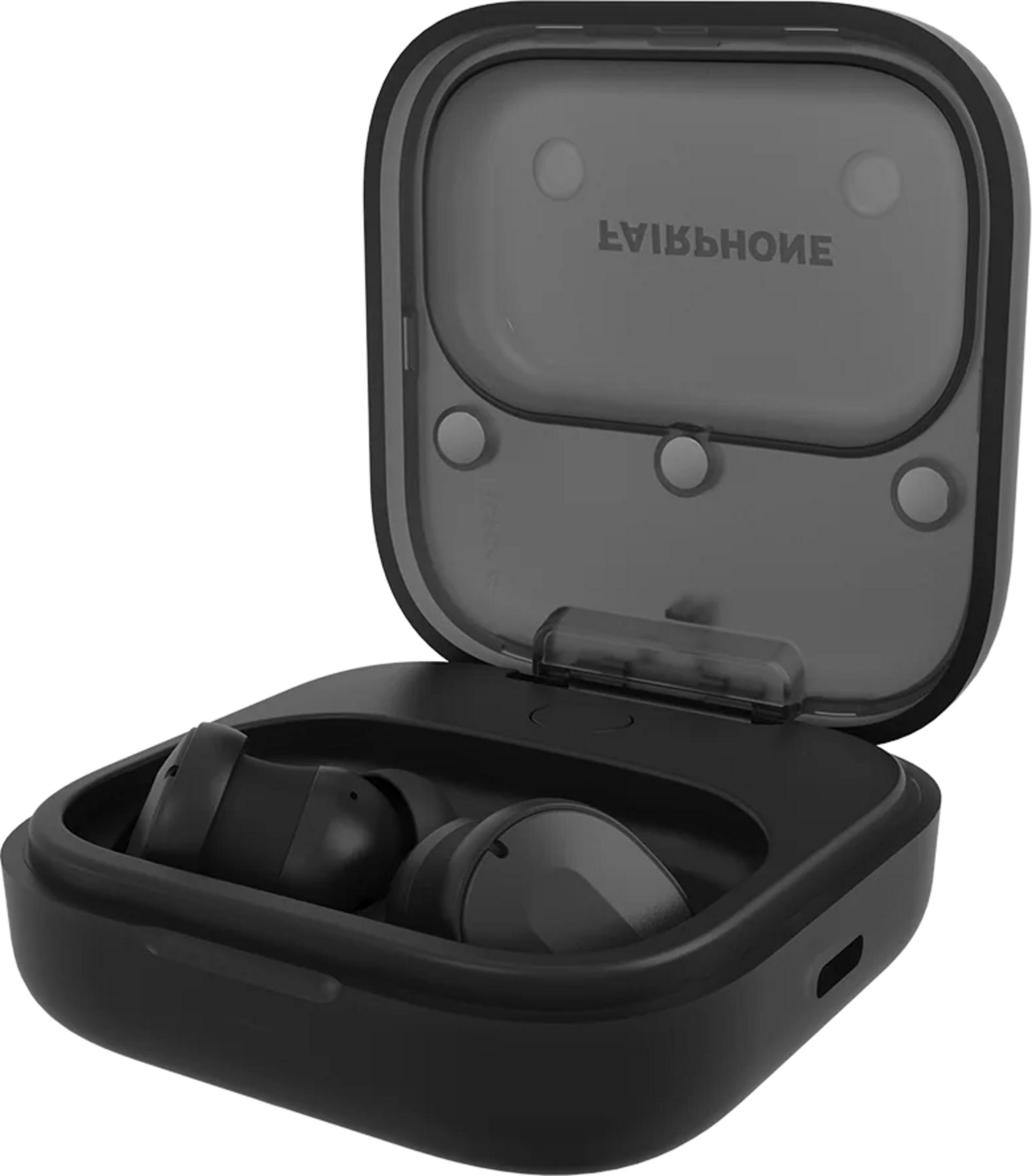 Custodia nera per auricolari wireless con coperchio aperto, mostra auricolari.