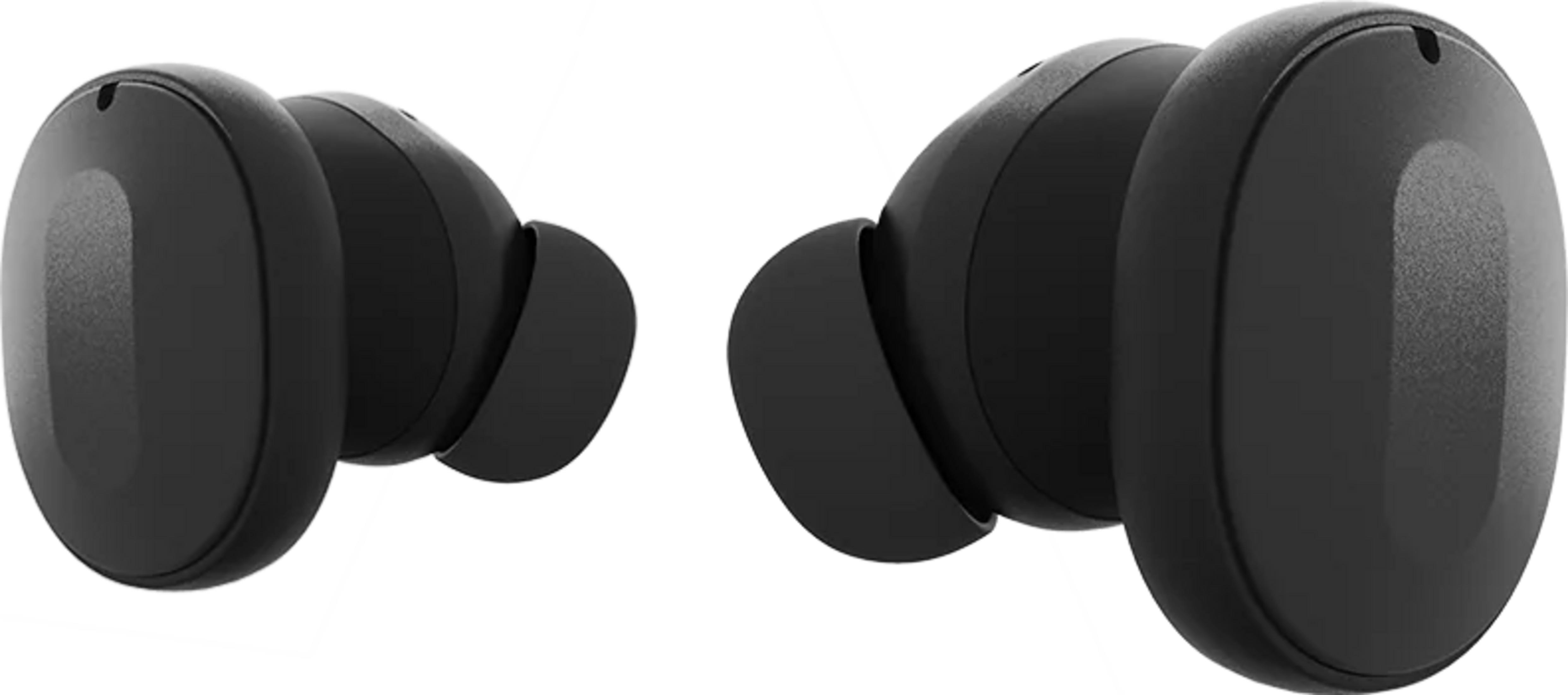 Due auricolari wireless neri su sfondo bianco.