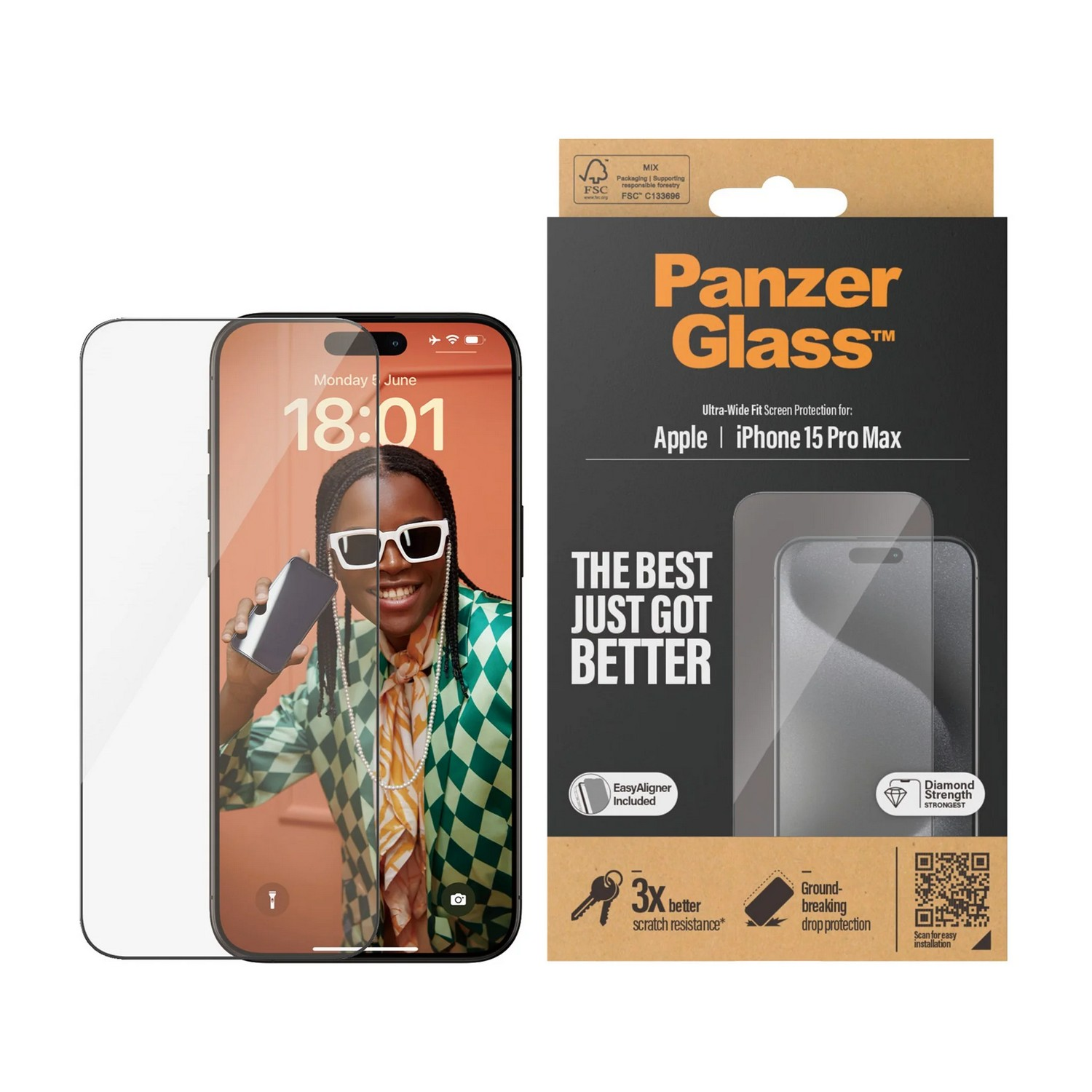 Protecteur d'écran Panzer Glass pour iPhone 15 Pro Max exposé avec emballage.