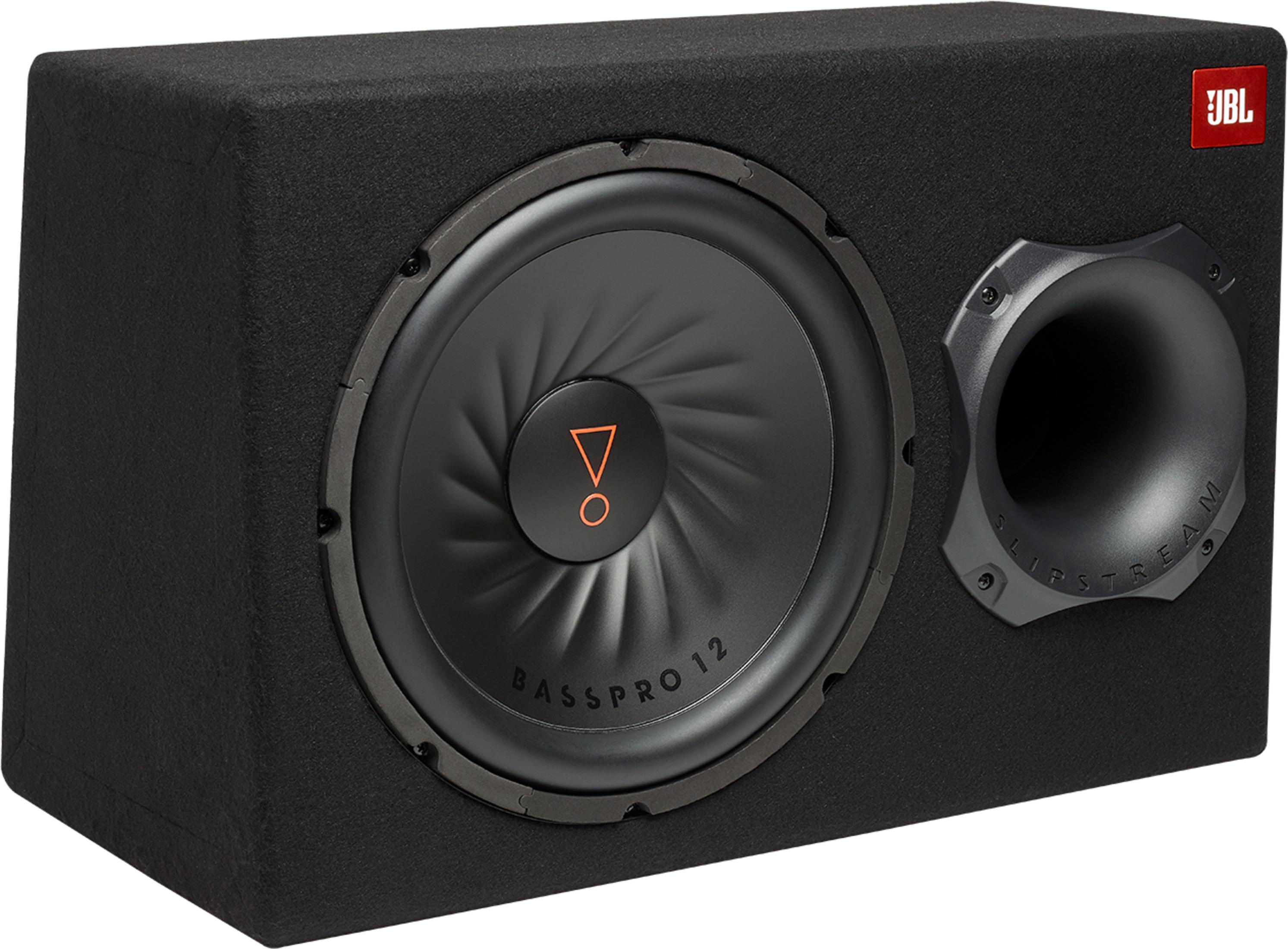 Schwarzer Subwoofer mit JBL Logo, Basspro 12 und Slipstream.