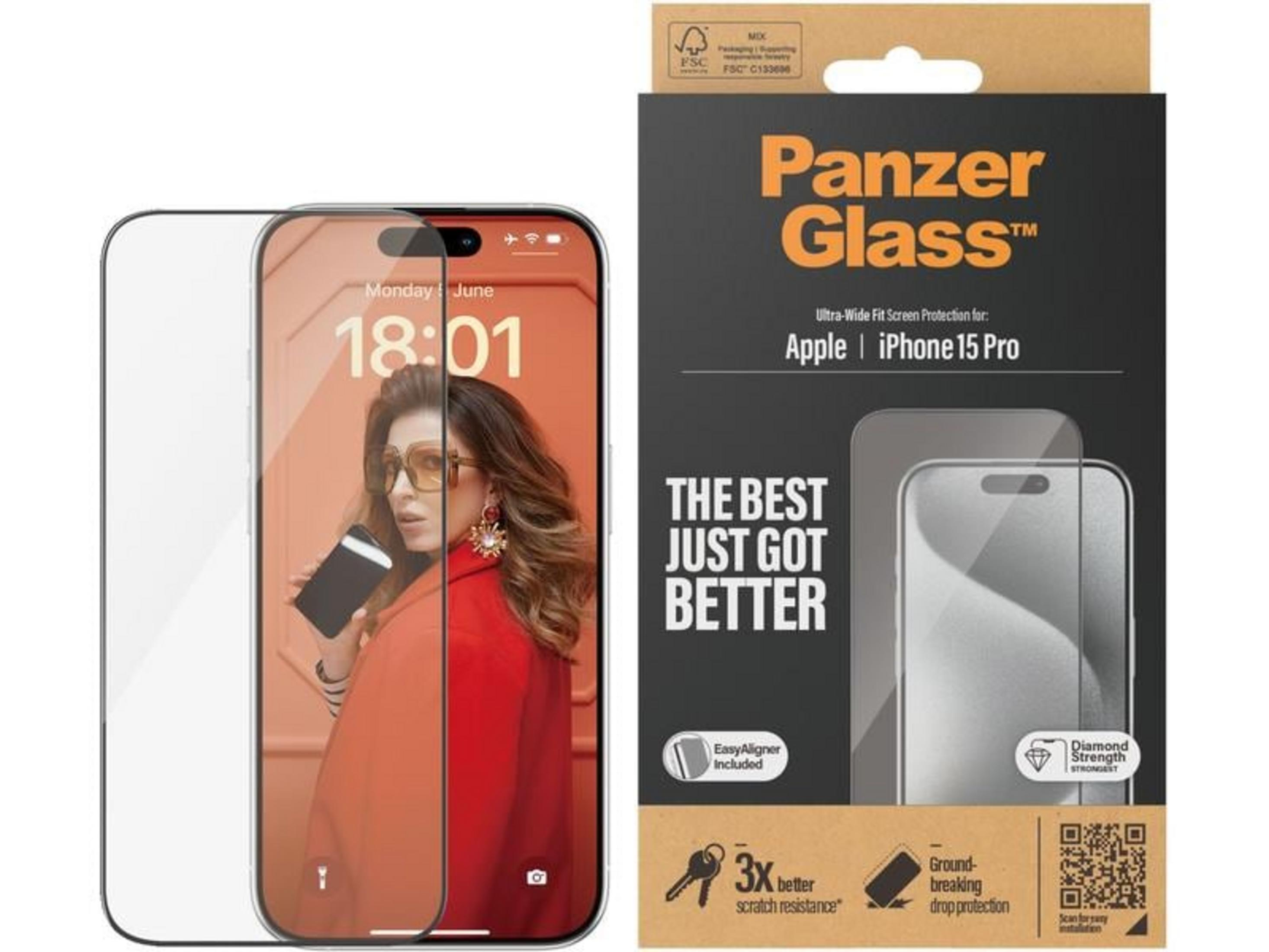 Kilit ekranında bir kadın bulunan Panzer Glass iPhone 15 Pro ekran koruyucu.