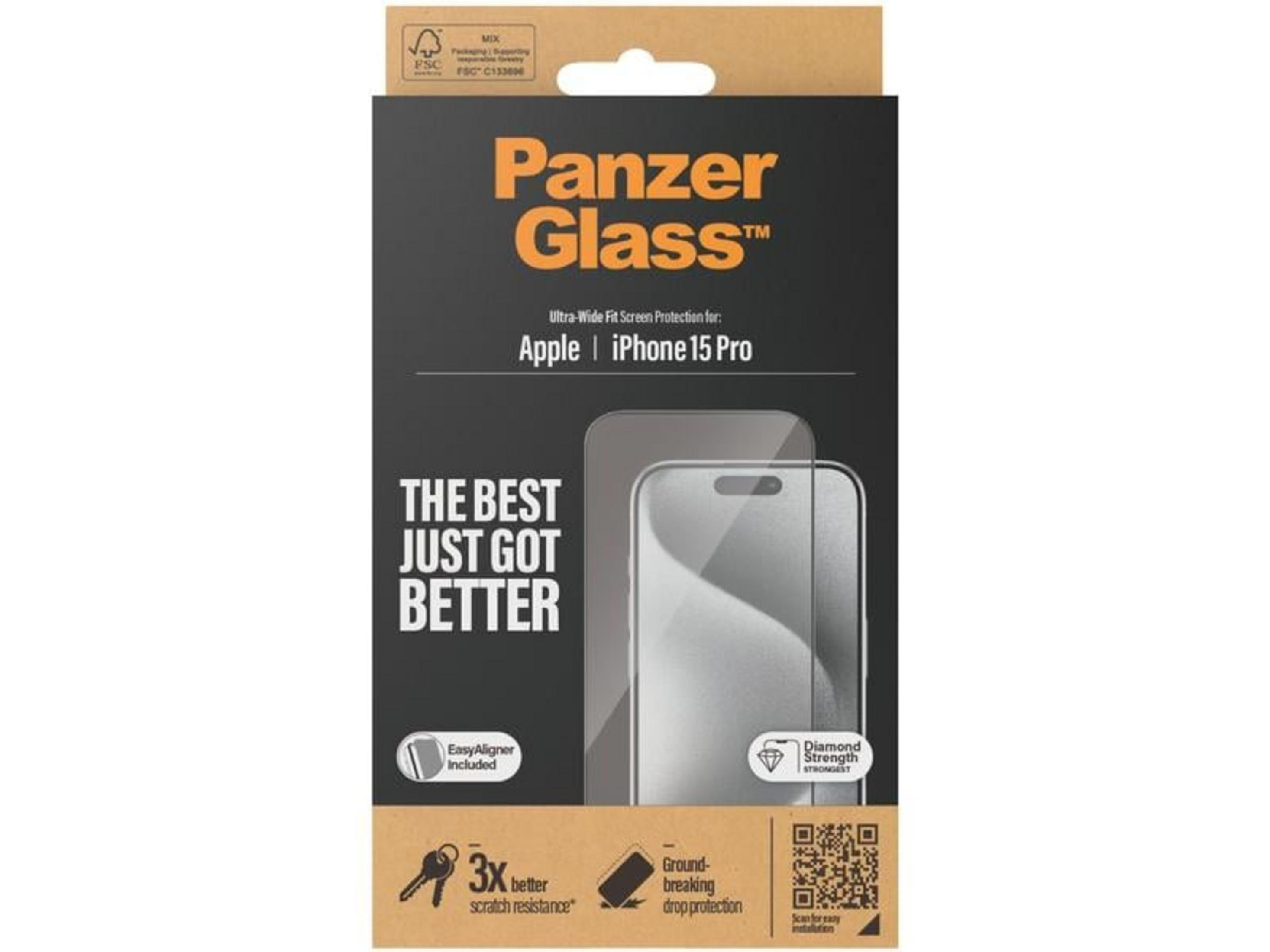 iPhone 15 Pro için Panzer Glass ekran koruyucu ambalajı.