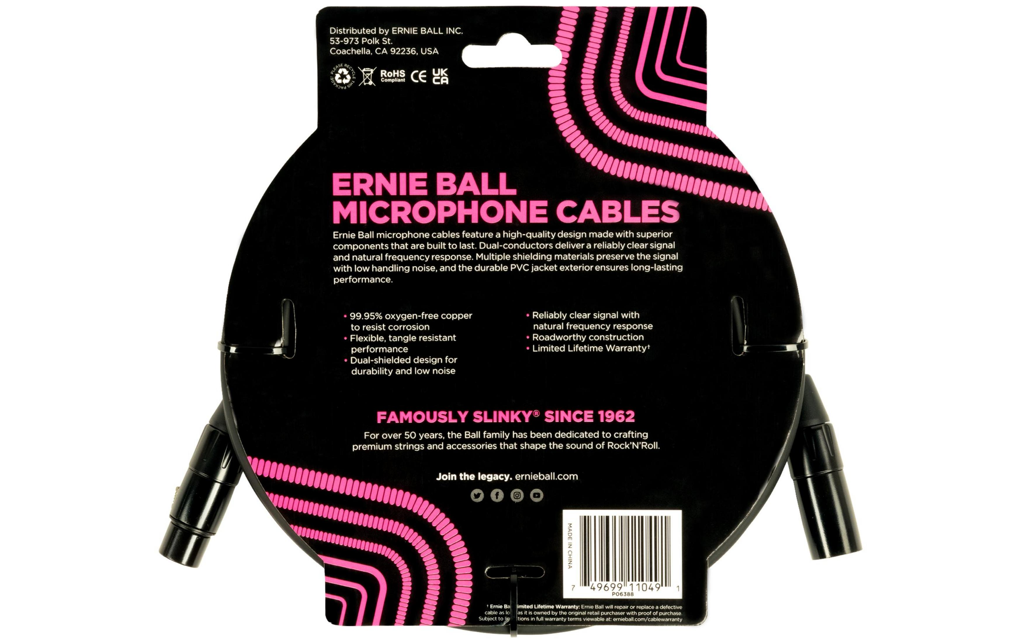Confezione cavo microfono Ernie Ball con spirali rosa e informazioni sul prodotto.