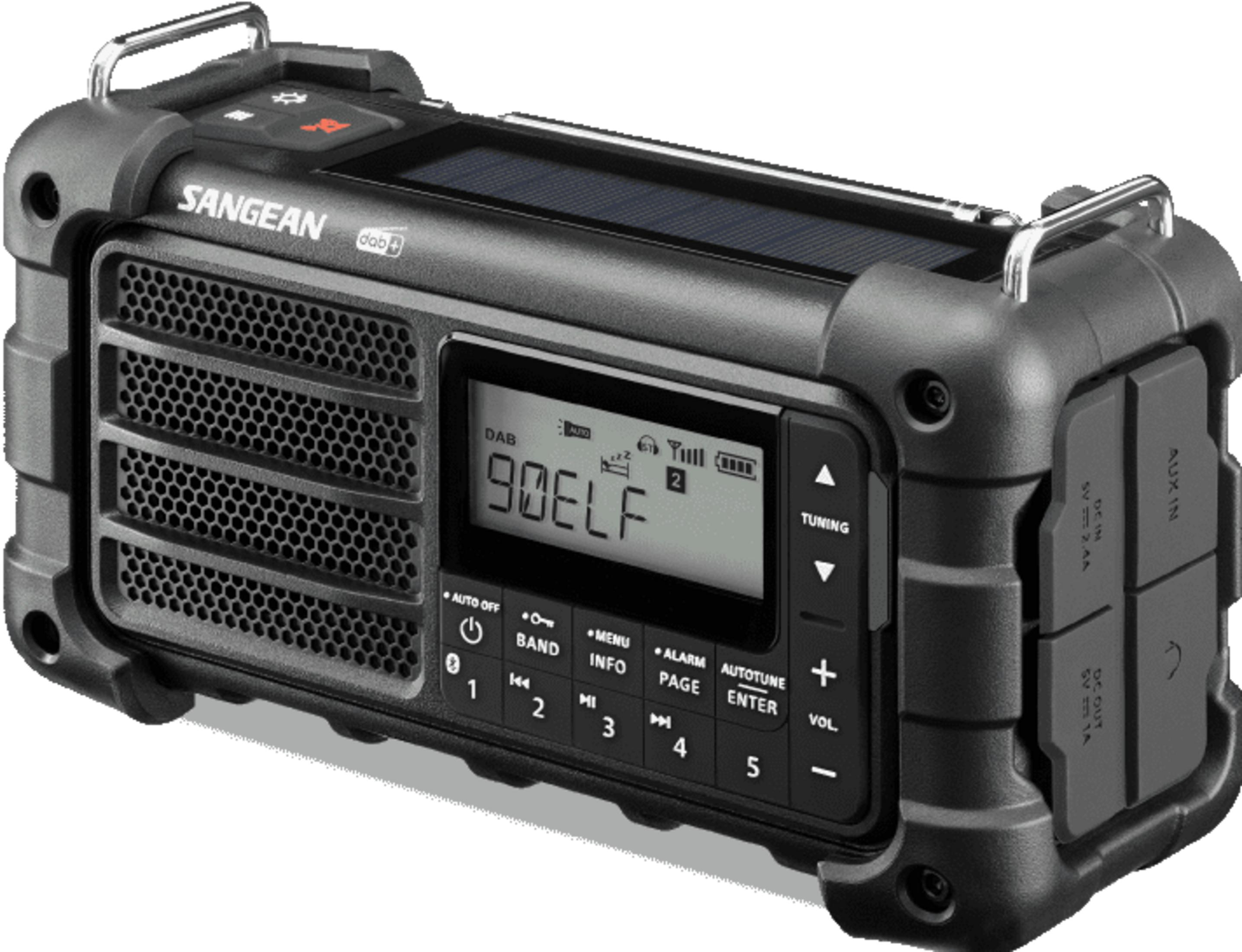 Schwarzer DAB+-Radio mit Solarpanel, Display und Knöpfen.