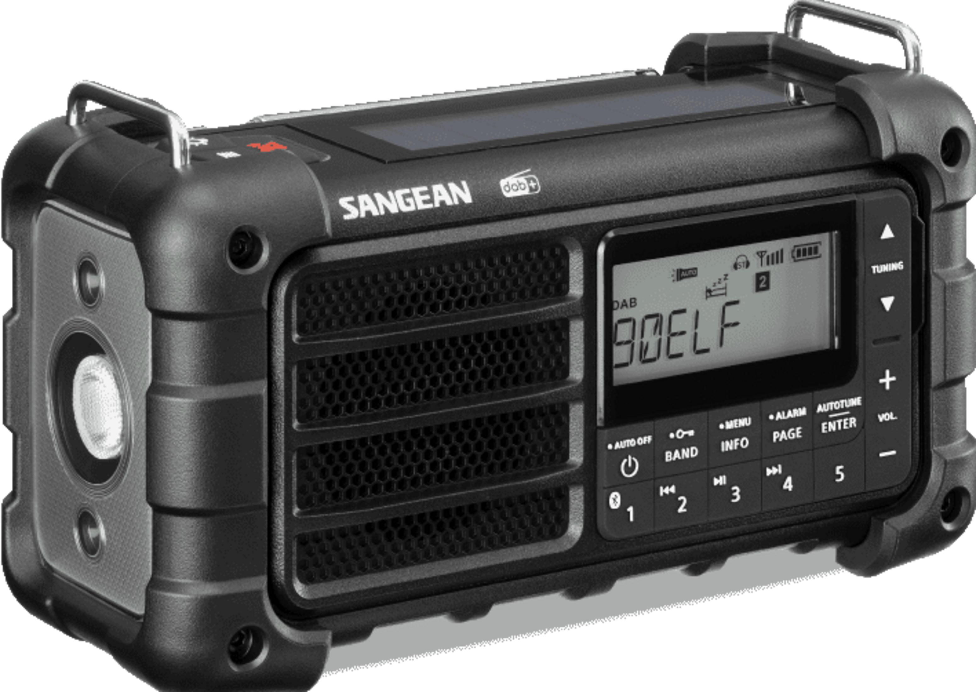 Ein schwarzes Sangean DAB-Radio mit silbernem Griff und Lautsprechergrill.