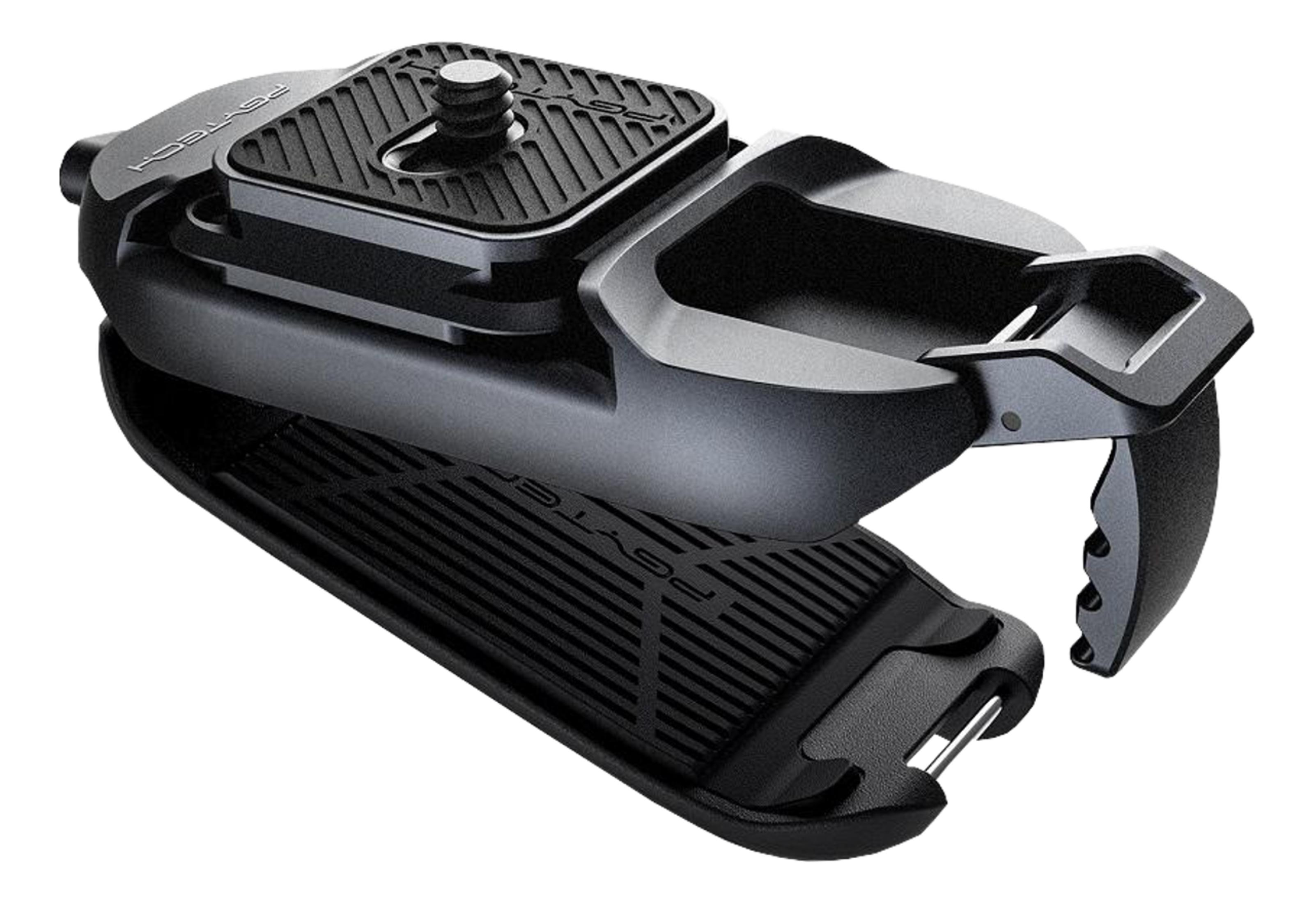 Czarny uchwyt do aparatu z rowkami i śrubą.