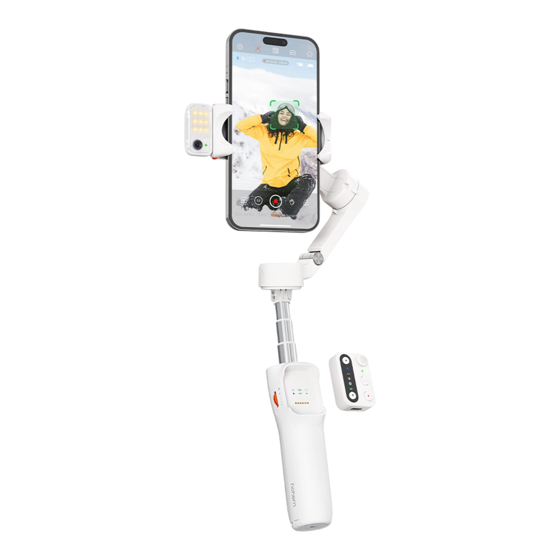 Gimbal blanc pour smartphone avec lumière LED, télécommande et femme se filmant.