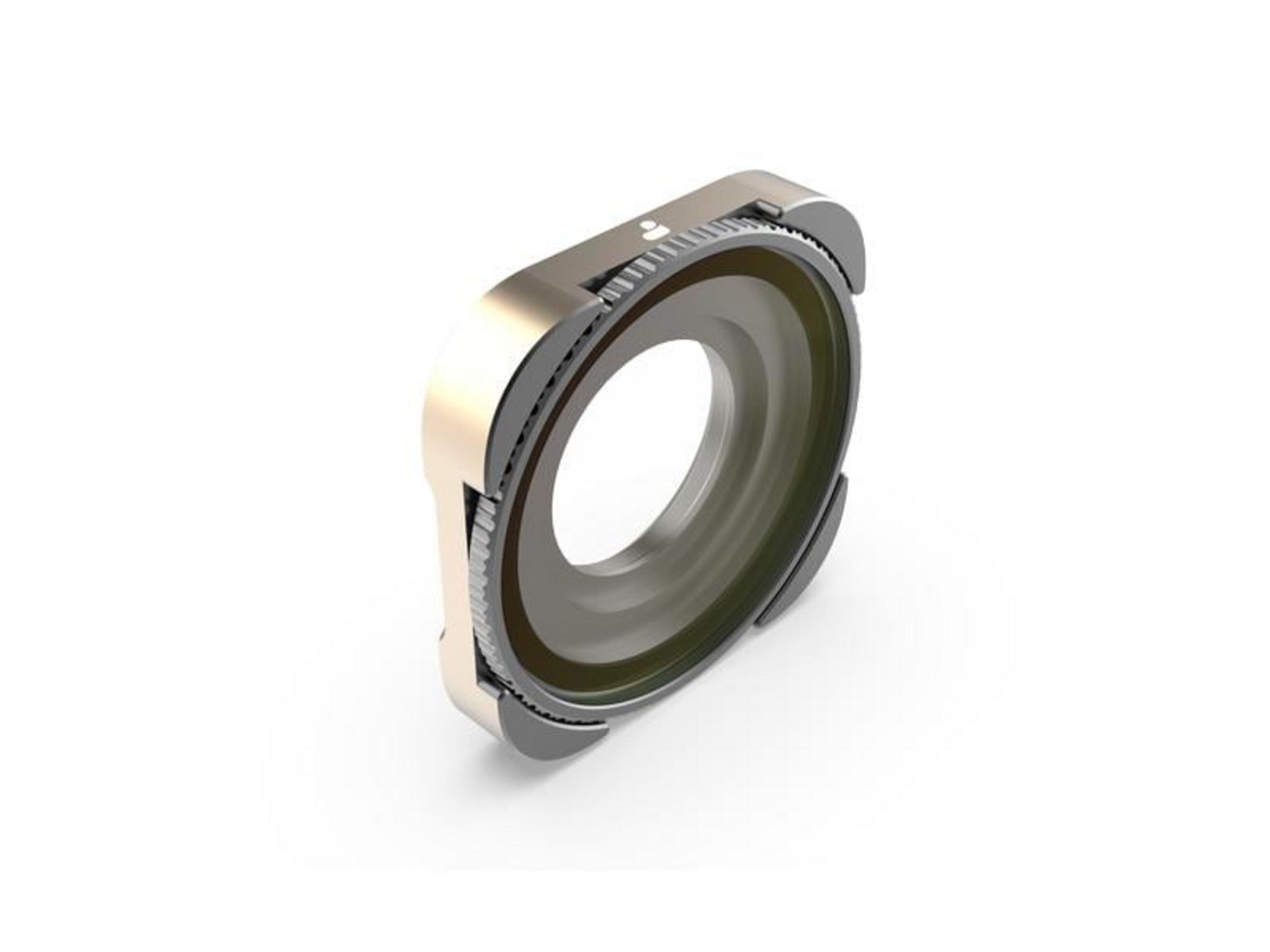 Vista dettagliata di un anello per obiettivi con custodia in metallo e bordo dentato.