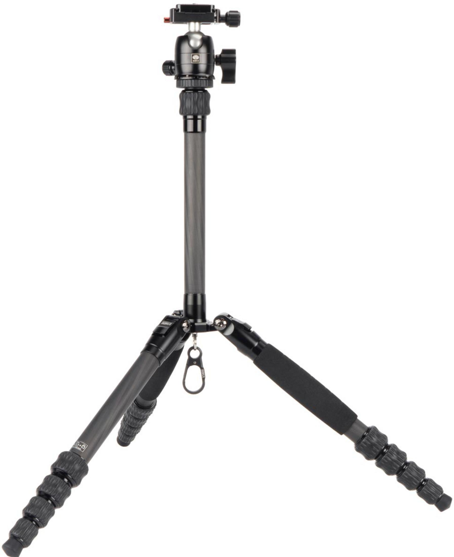 Czarny statyw węglowy z trzema nogami, głowicą kulową i hakiem.