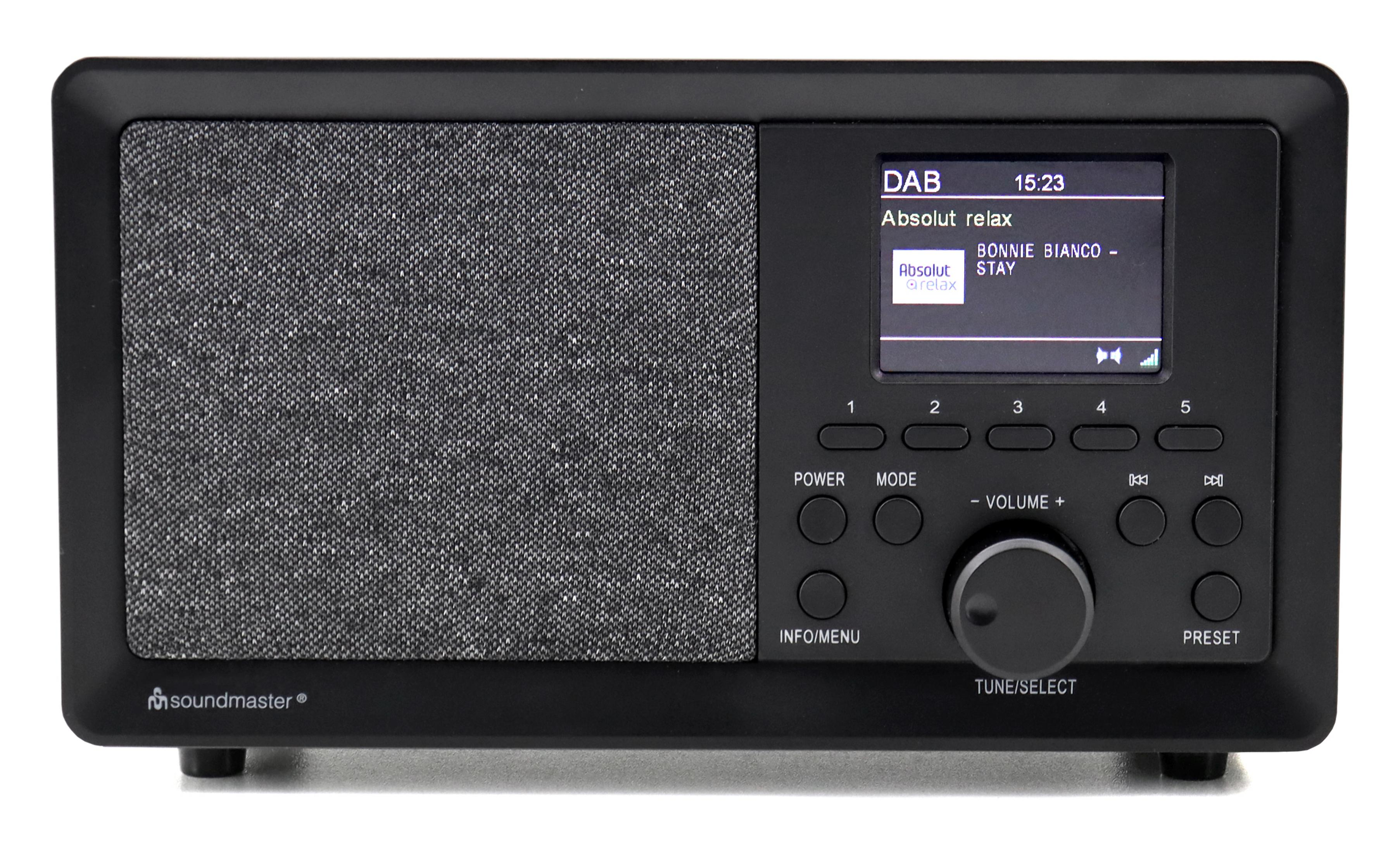 Ein schwarzer DAB-Radio mit Stoffgitter, Bildschirm und Bedienelementen.