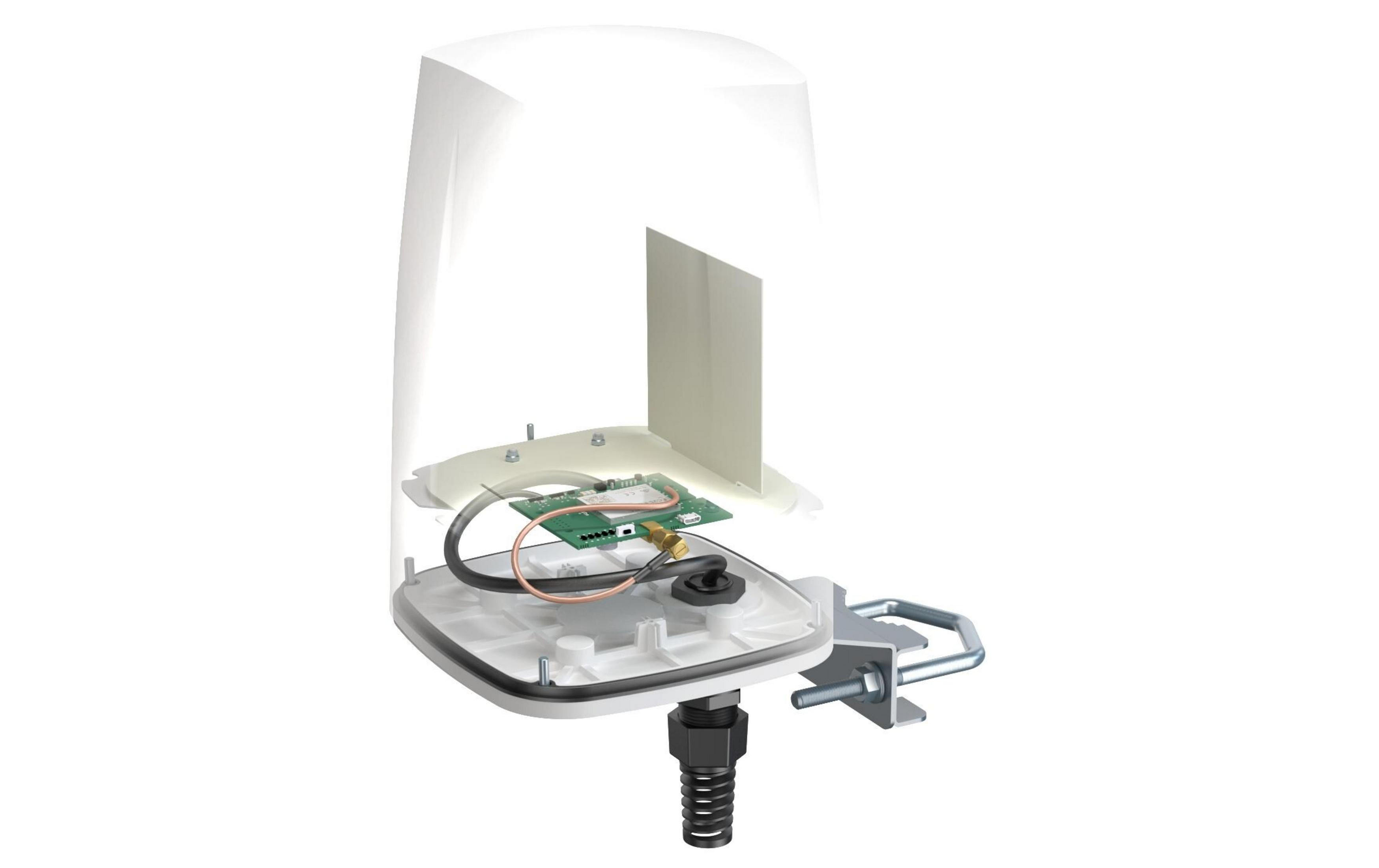 Biała obudowa z widoczną płytką drukowaną, kablami i wspornikiem montażowym.