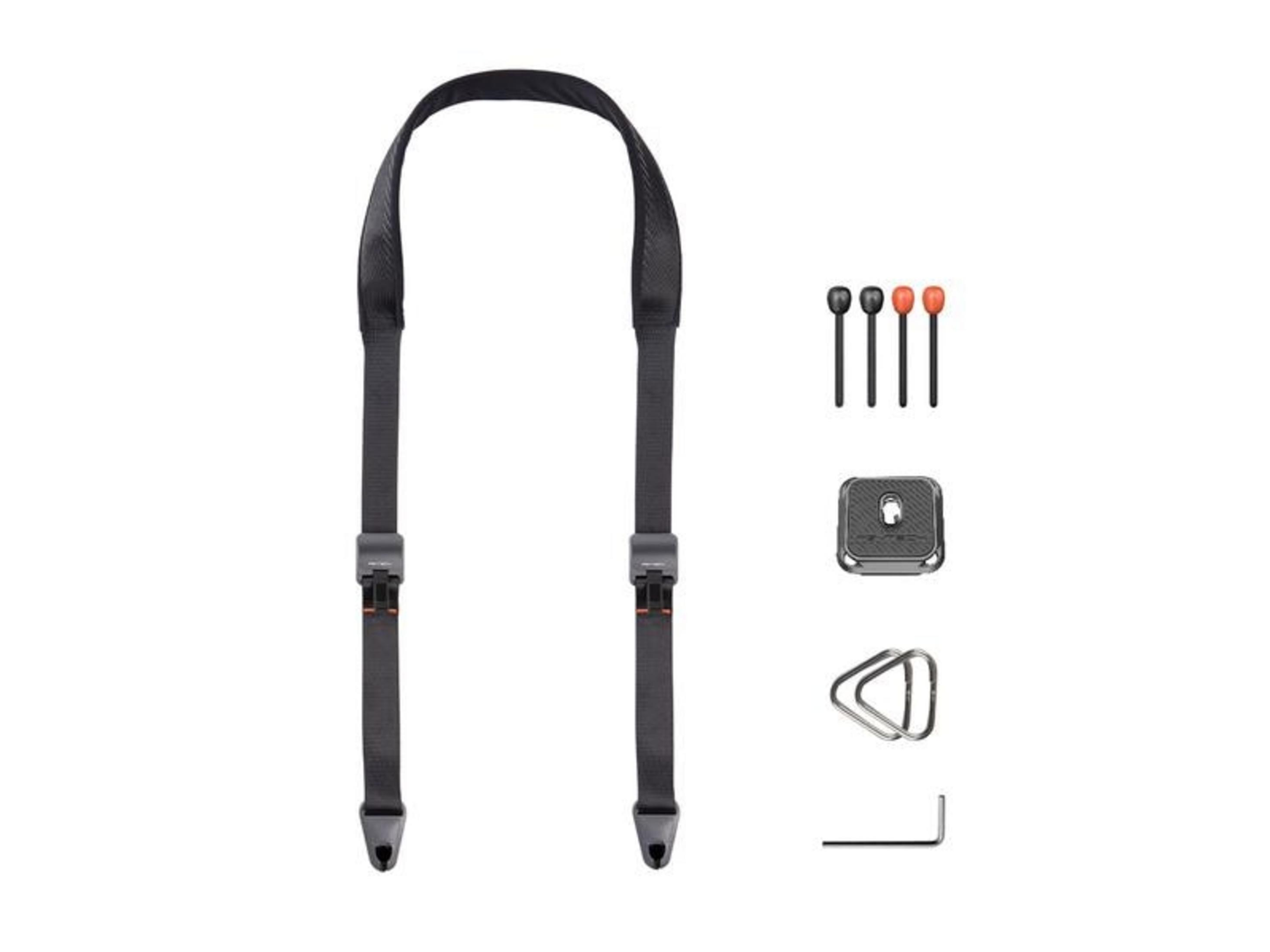 Czarny pasek do aparatu z akcesoriami: 4 bolce, płytka, dwa pierścienie i klucz L.