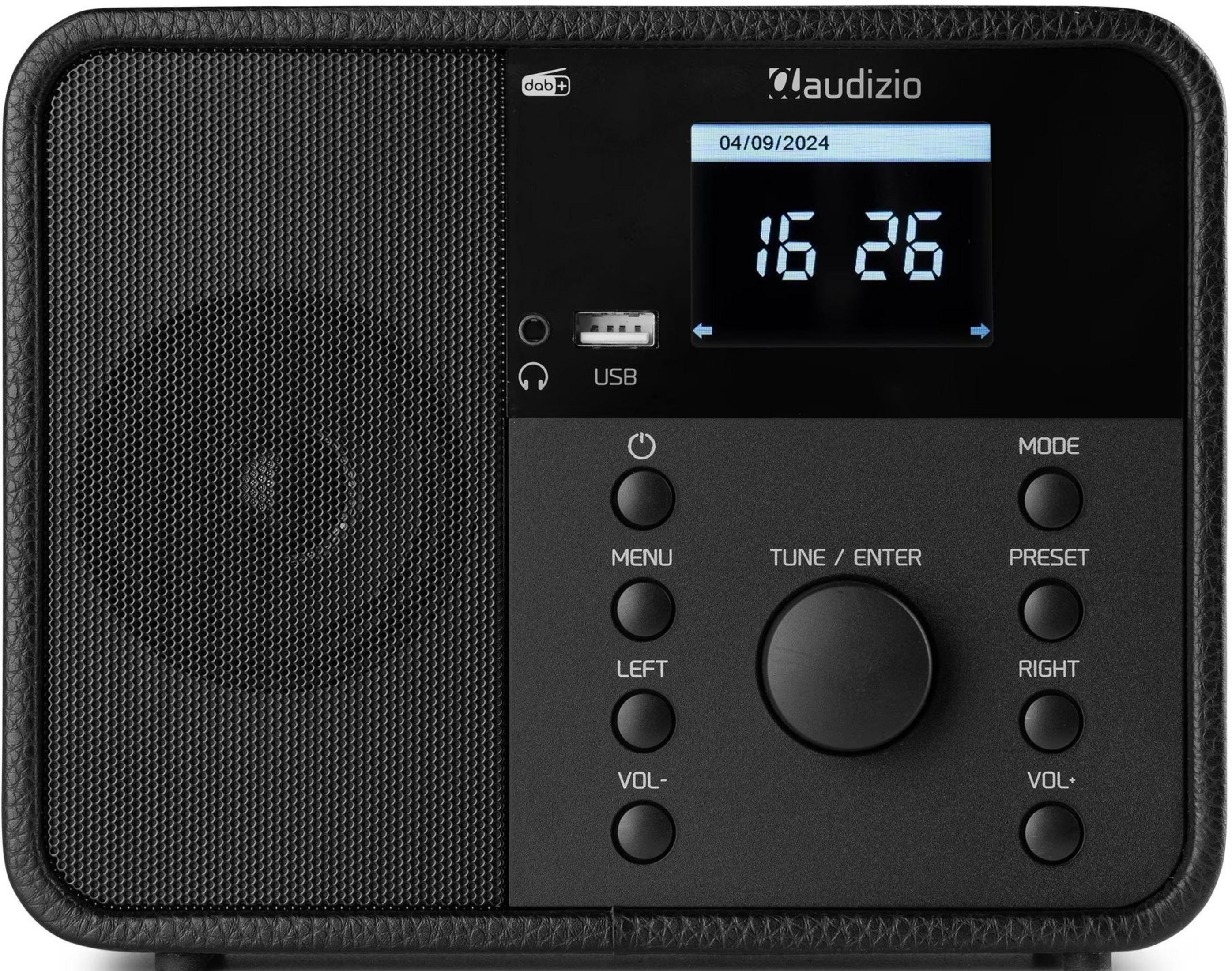 Ein schwarzes DAB+-Radio mit silbernem Display, das 16:26 Uhr anzeigt.
