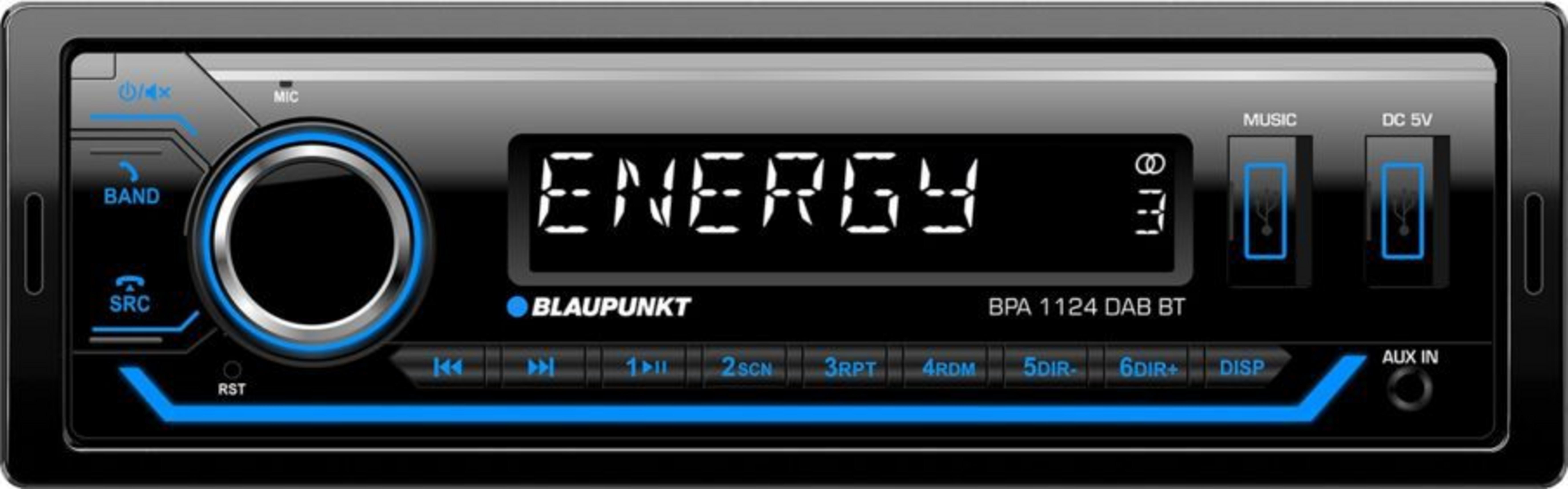 Ein Blaupunkt Autoradio mit Display, das 'ENERGY' zeigt, und USB-Anschlüssen.