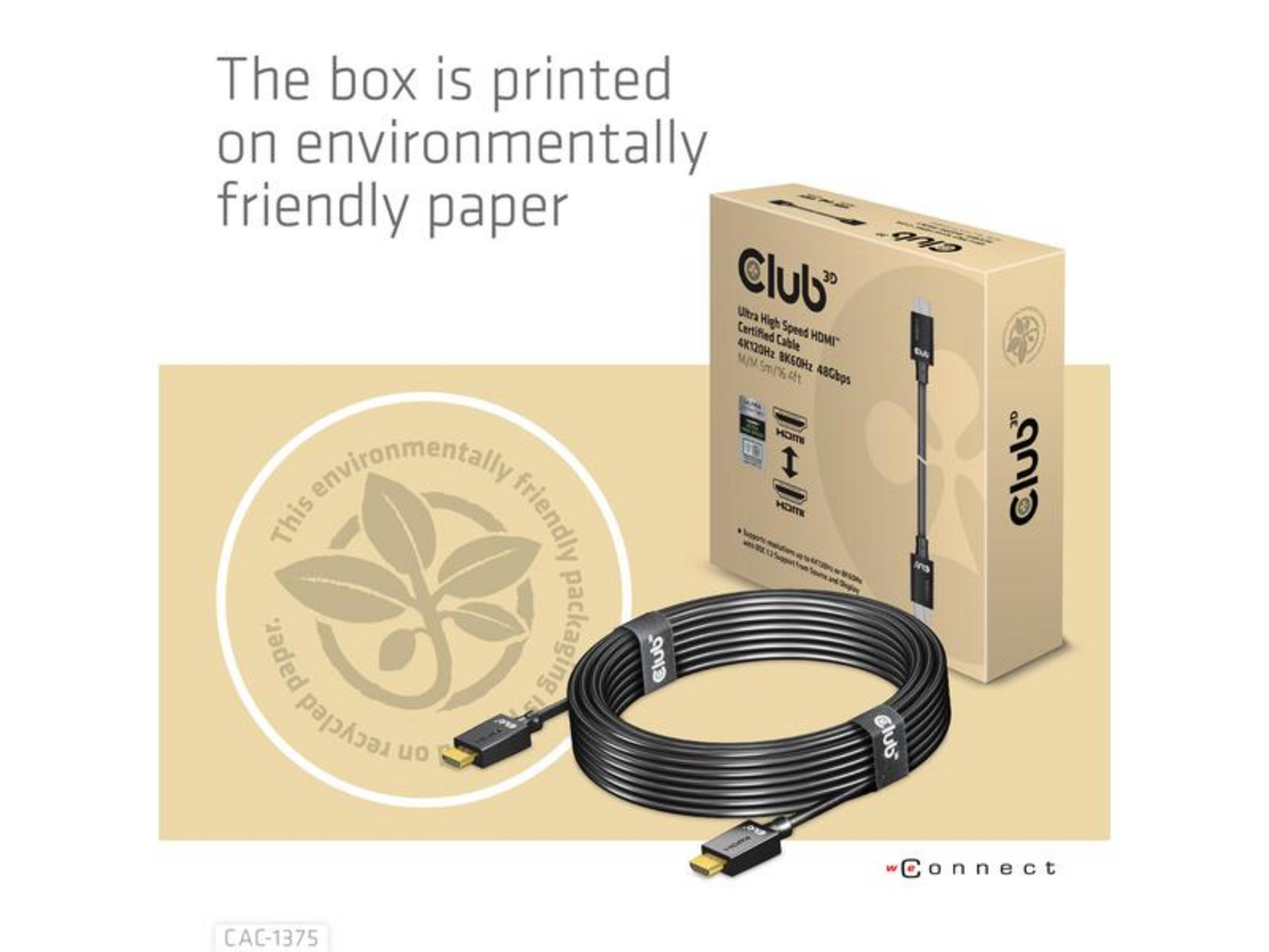 Ein Club 3D HDMI-Kabel mit Verpackung und Umweltzeichen.